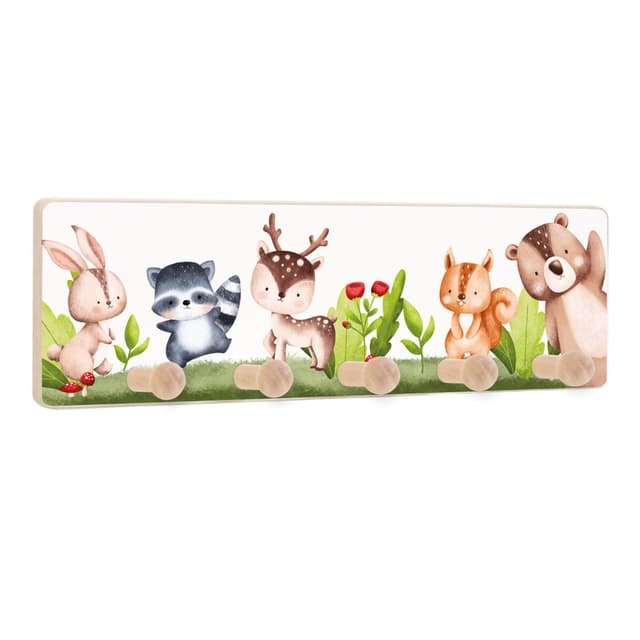 👶🌟 Holzura Kindergarderobe Kleiderhaken für Kinder - 5 Waldtiere 🦁🐘🦕
