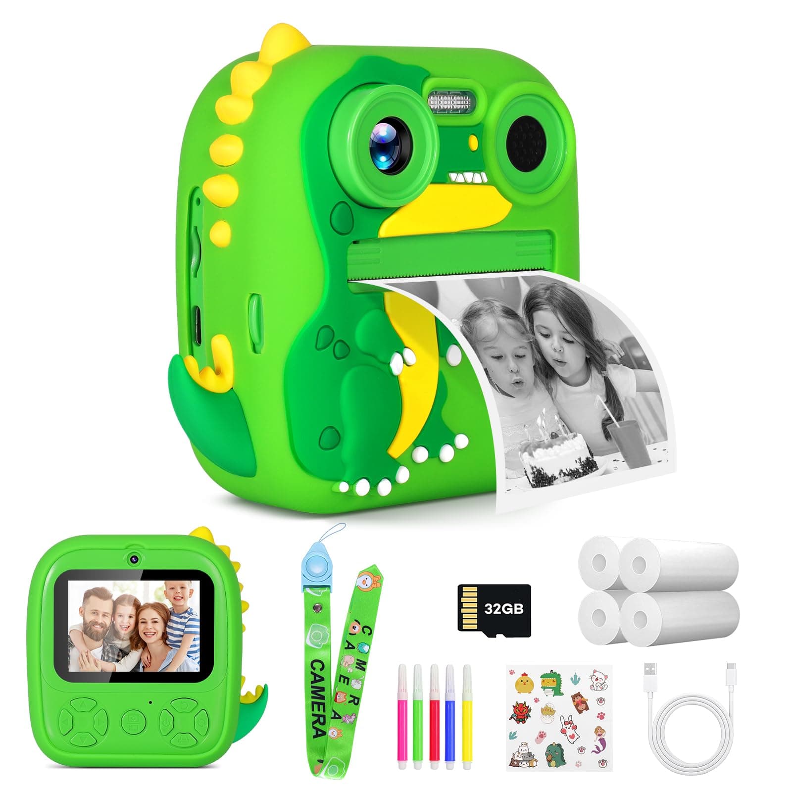 Kinderkamera Sofortbildkamera, Kinderkamera HD 1080P mit 4 Rollen Druckpapier & 32G SD Karte