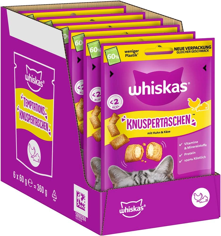 đ±đ§ WHISKAS Knuspertaschen Katzensnacks Huhn & KĂ€se 6 x 60g â Snacks fĂŒr glĂŒckliche Katzen đđ§