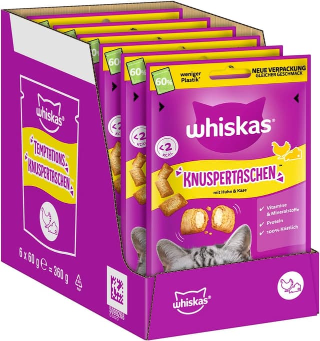 🐱🧀 WHISKAS Knuspertaschen Katzensnacks Huhn & Käse 6 x 60g – Snacks für glückliche Katzen 🐔🧀