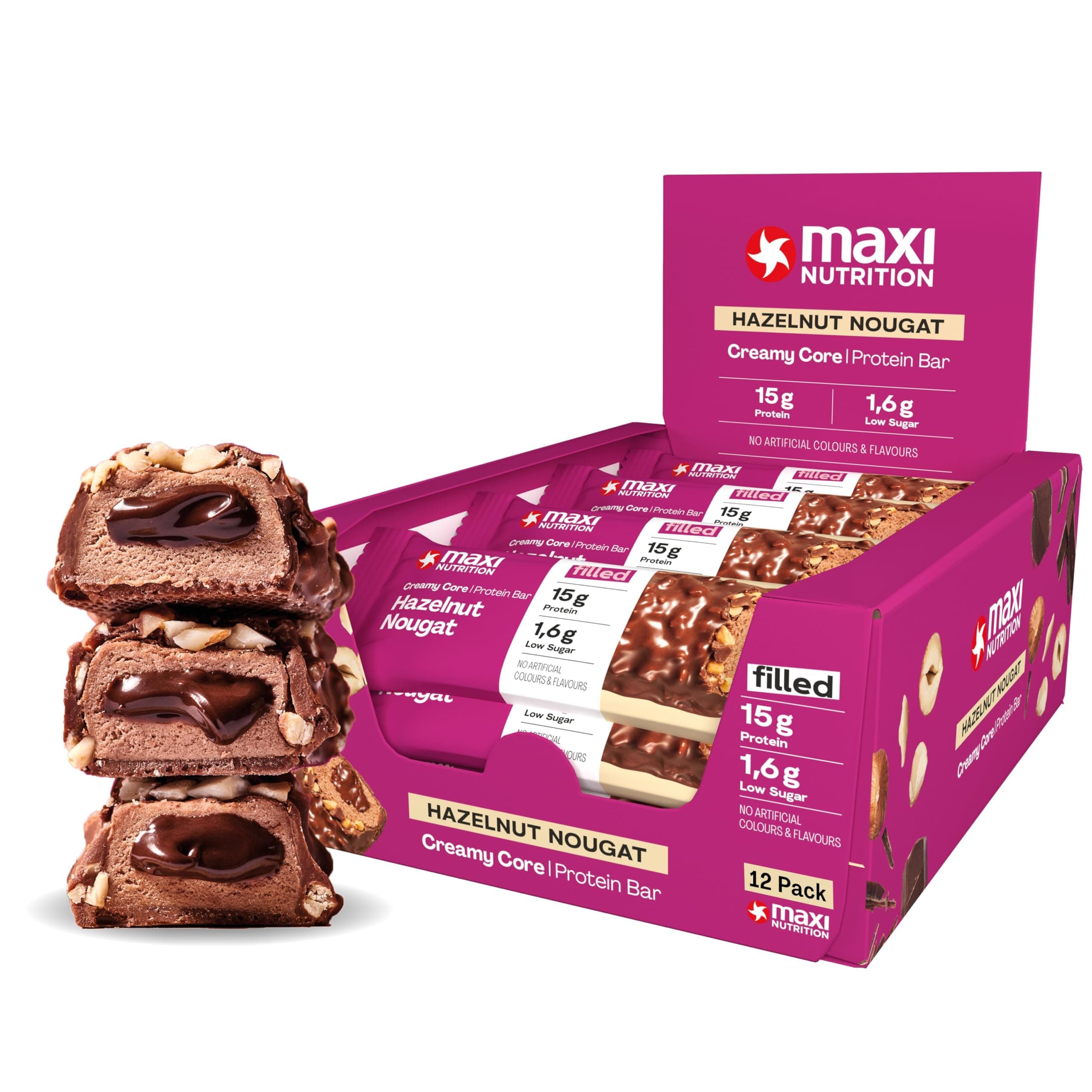 MaxiNutrition Creamy Core Bar Haselnuss-Nougat, 12x45g Filled-Protein-Riegel