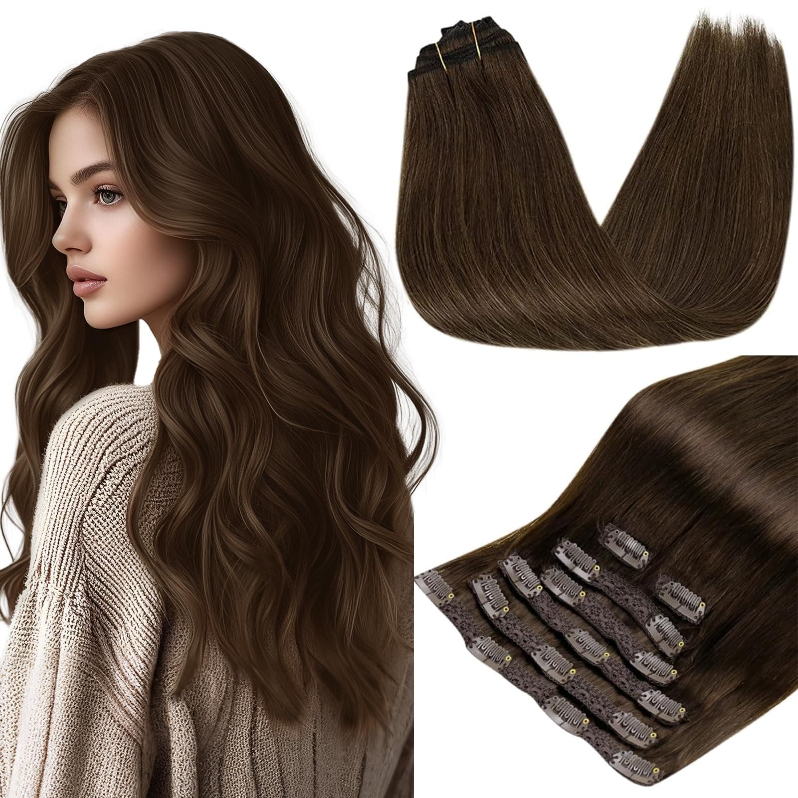 RUNATURE Extensions Echthaar Clip in Braun 50cm 7pcs Echte Haare Echthaar Extensions Clip Braun #4