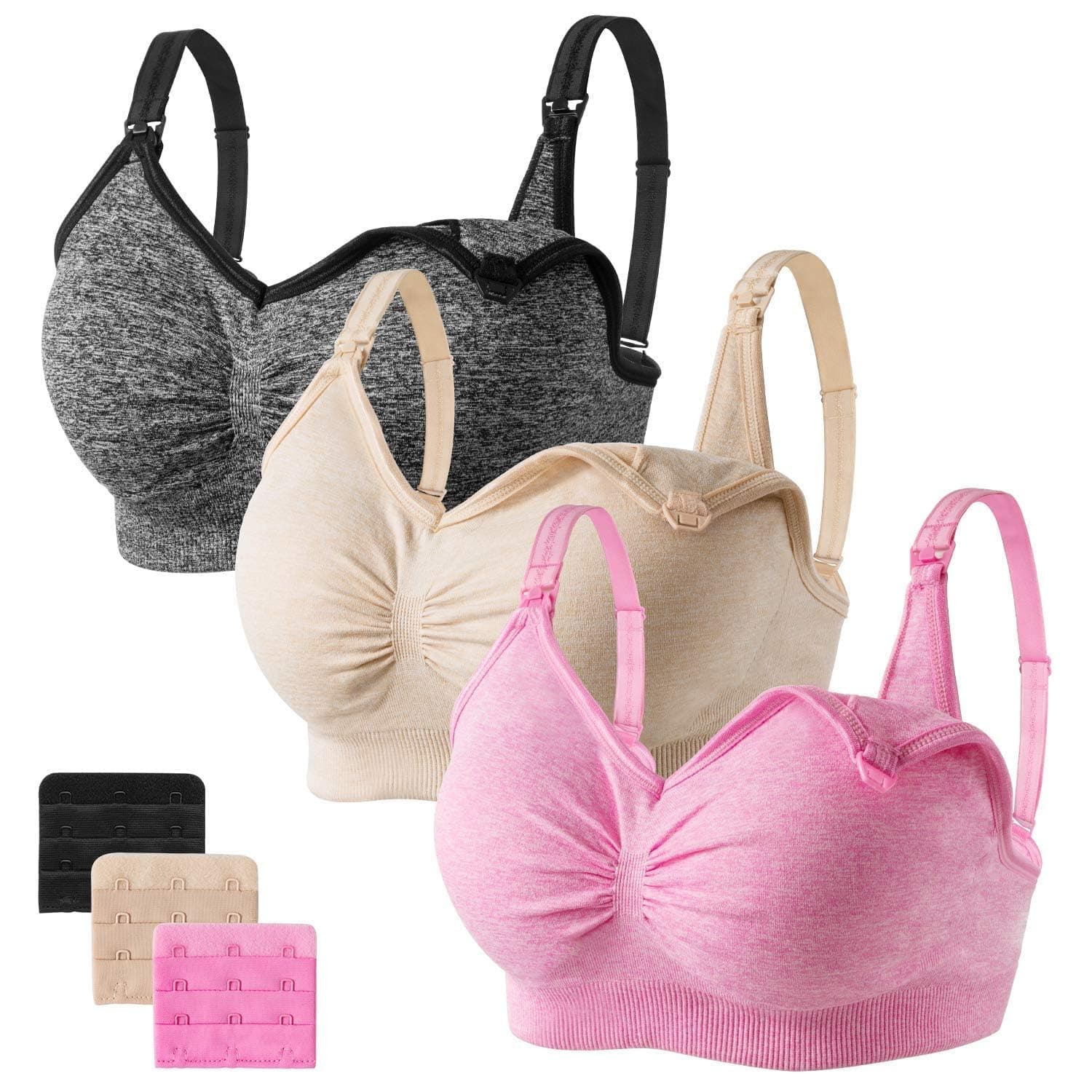 🌸 HBselect 3er Set Schwangerschafts Still BH | Nahtloser Still-BH mit BH-Verlängerungen | XXL Schwarz Beige Rosa