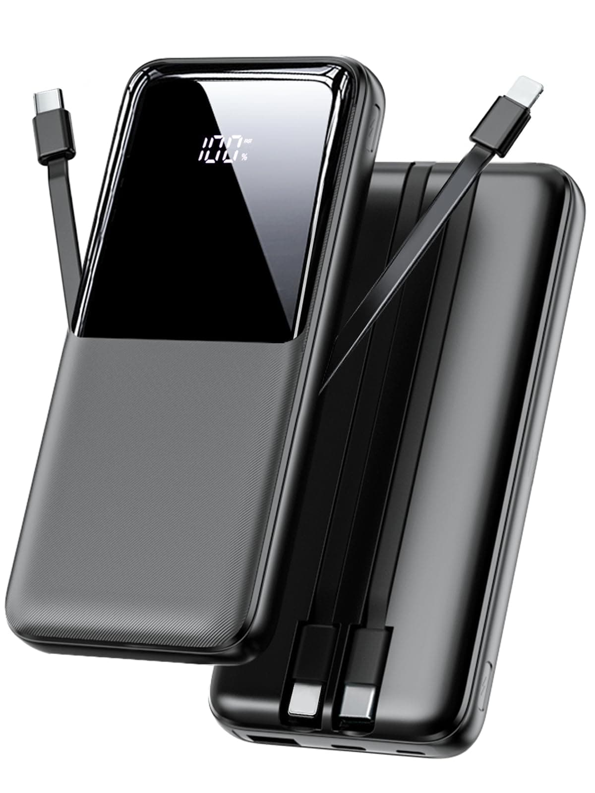 🔋 Power Bank 26800mAh Schwarz | Tragbares Ladegerät mit 3 Anschlüssen & 2 integrierten Kabeln