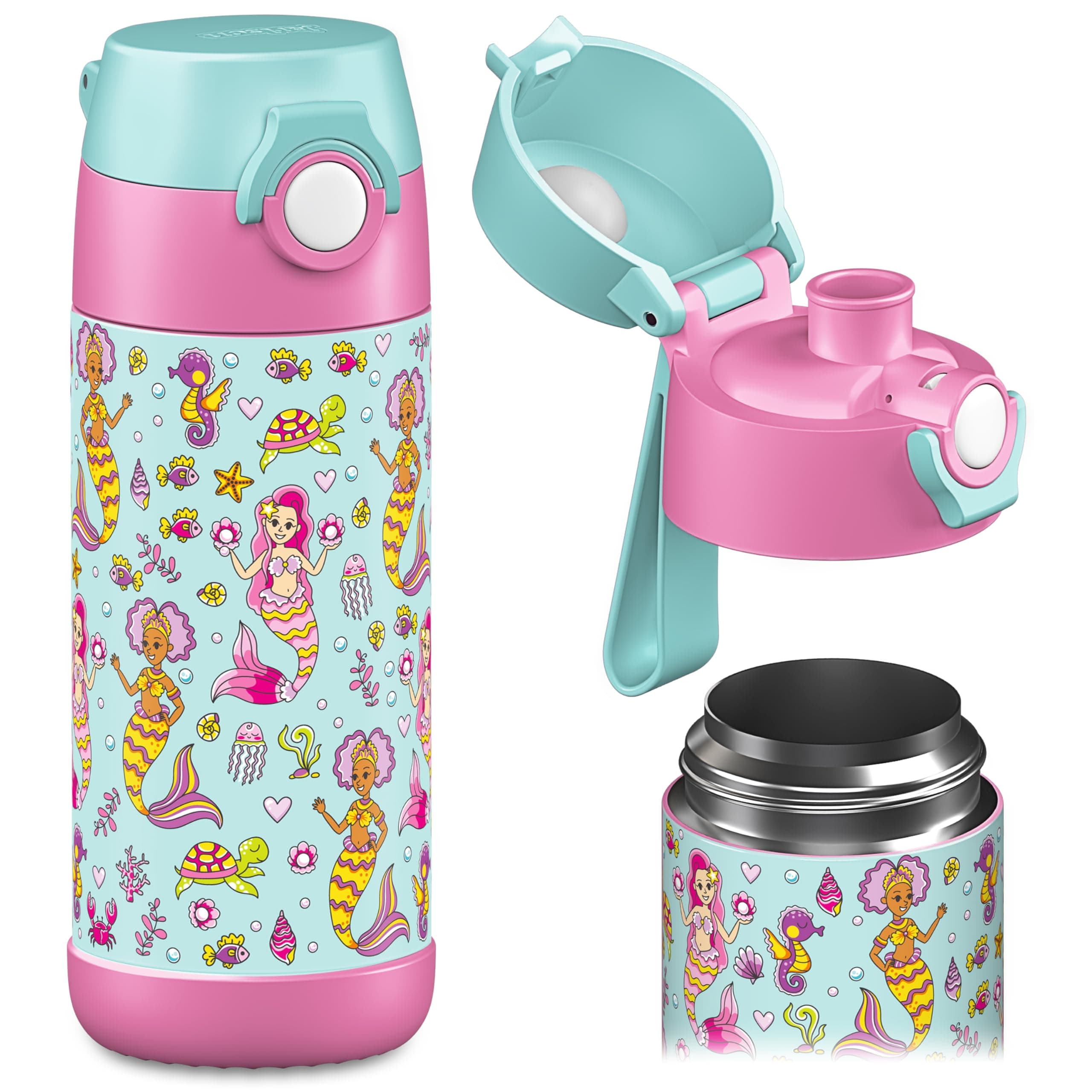 JARLSON® Trinkflasche Kinder 'MALI' - Thermo Edelstahl Wasserflasche - BPA frei - 🌊 Meerjungfrau Design 🧜♀️
