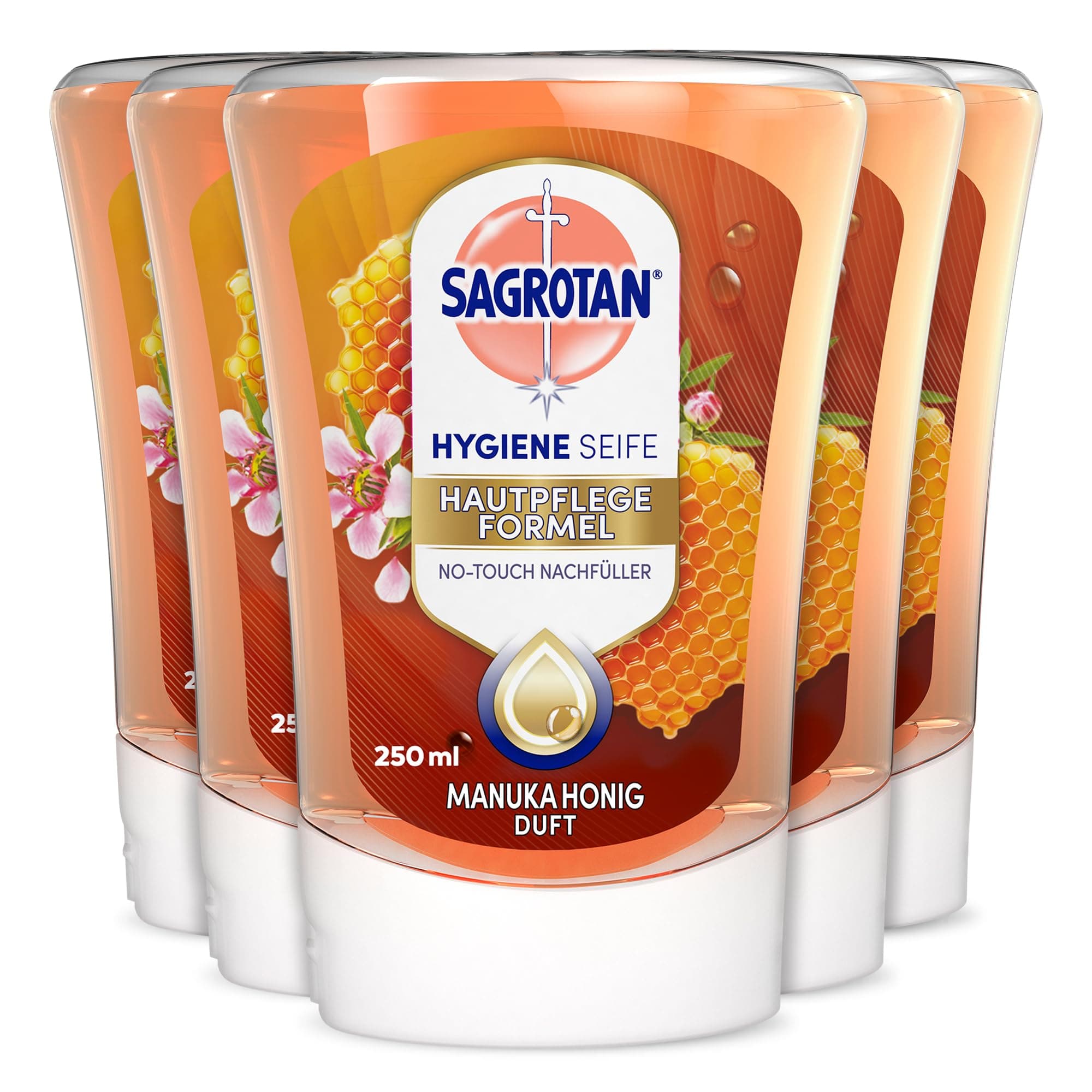Sagrotan No-Touch Nachfüller Manuka Honig 🍯 - 5 x 250 ml Handseife Mandelblüte & Manukahonig 250 ml (5er Pack)