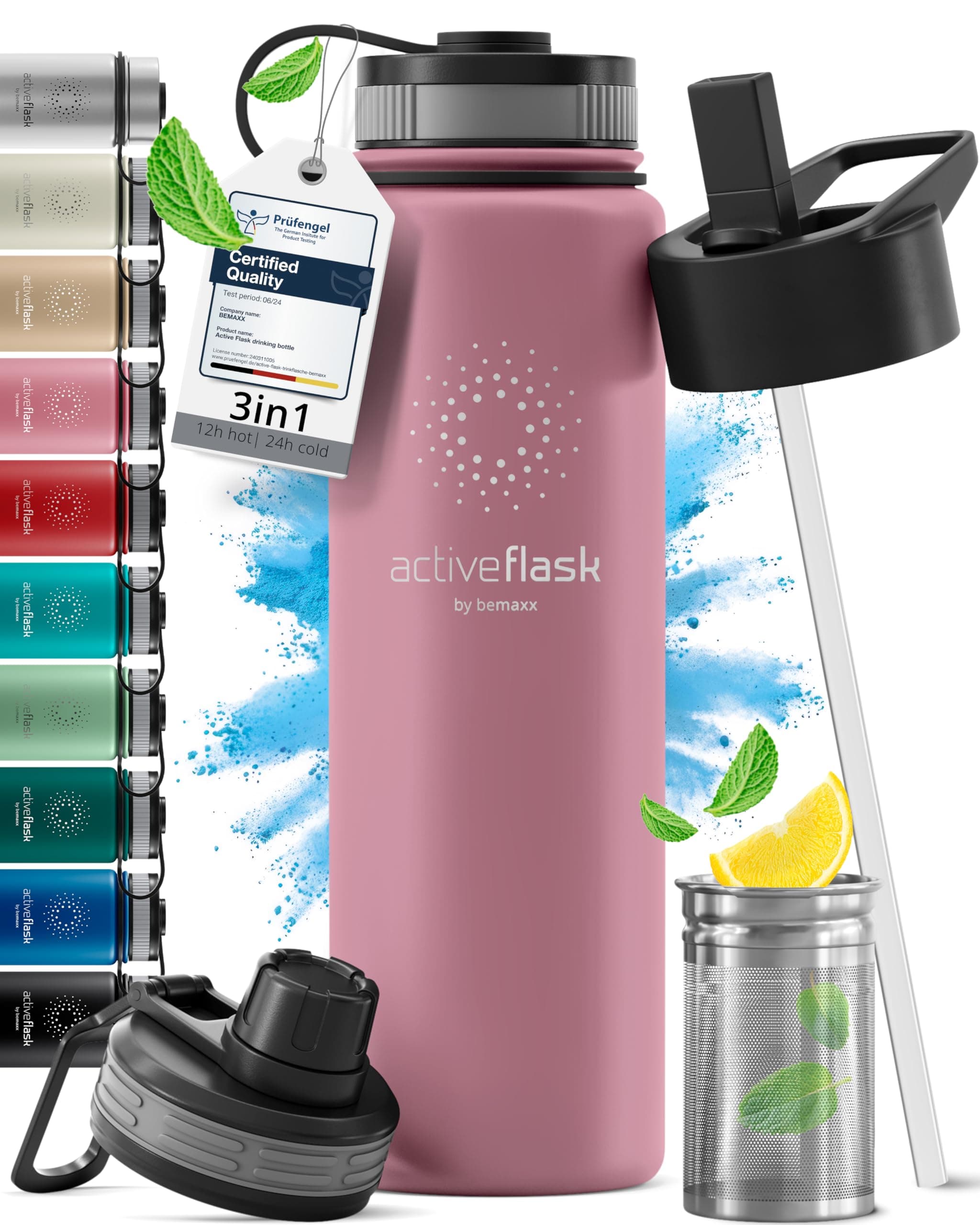 Trinkflasche Edelstahl ACTIVE FLASK + Strohhalm (3 Deckel) - Dusky Pink