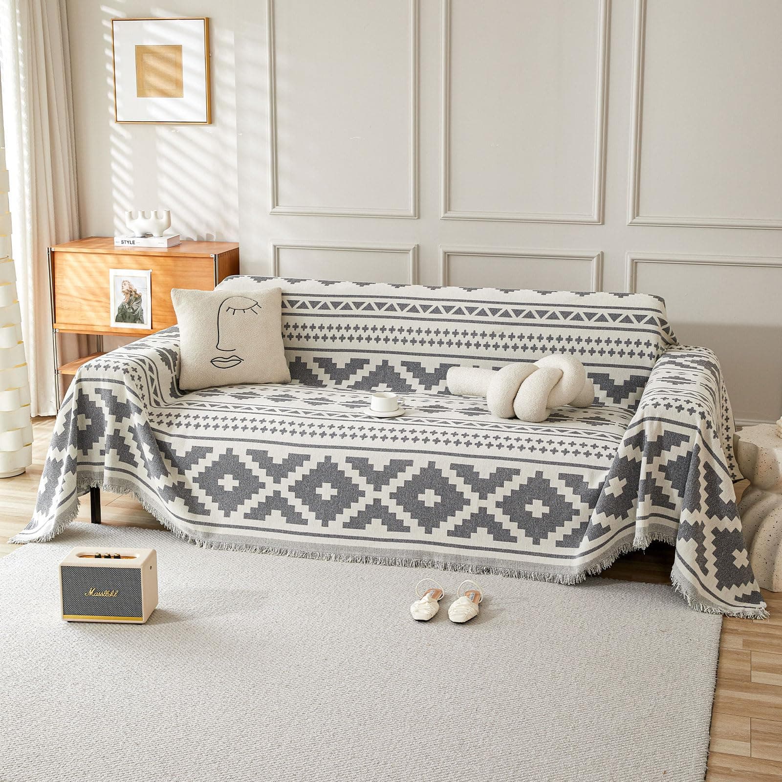 SHANNA Sofa Überwurfdecke Chenille | Groß: 180 x 260 cm Geometrisches Grau