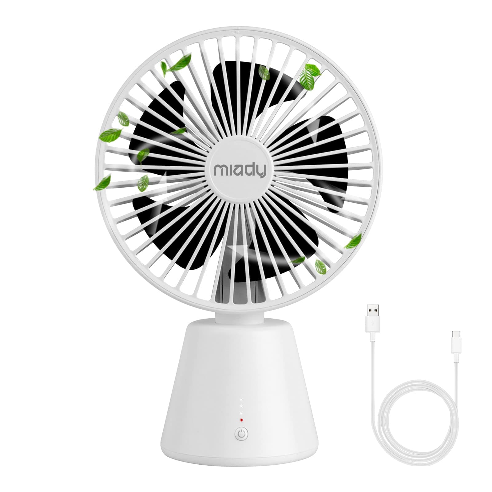 🌀 Miady Tischventilator Leise, 5000mAh USB Ventilator 135° Oszillation 3 Geschwindigkeiten, Typ C Wiederaufladbare Akku Mini Lüfter für Schreibtisch, Zuhause und Büro, Weiß - Sommerangebot!