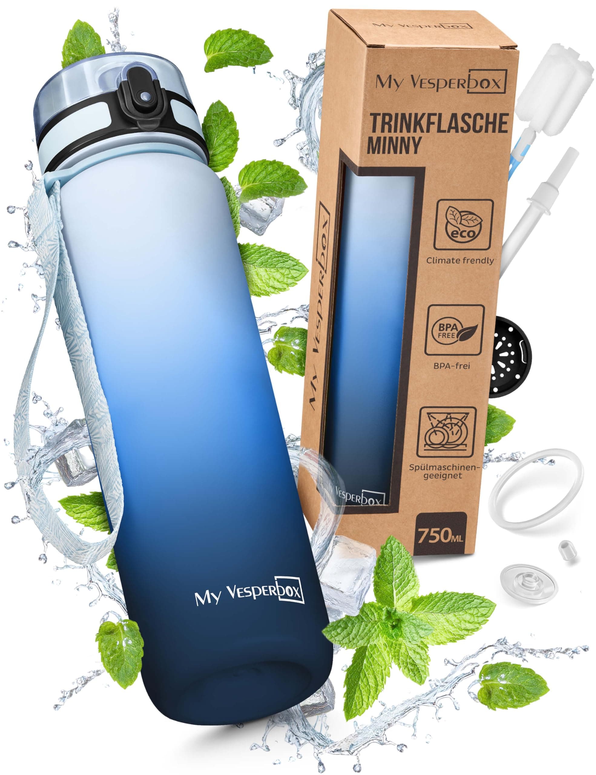 Vesperbox Trinkflasche 750ml ✨ Auslaufsicher & BPA-frei ✨ Inkl. Zubehör & Strohhalm