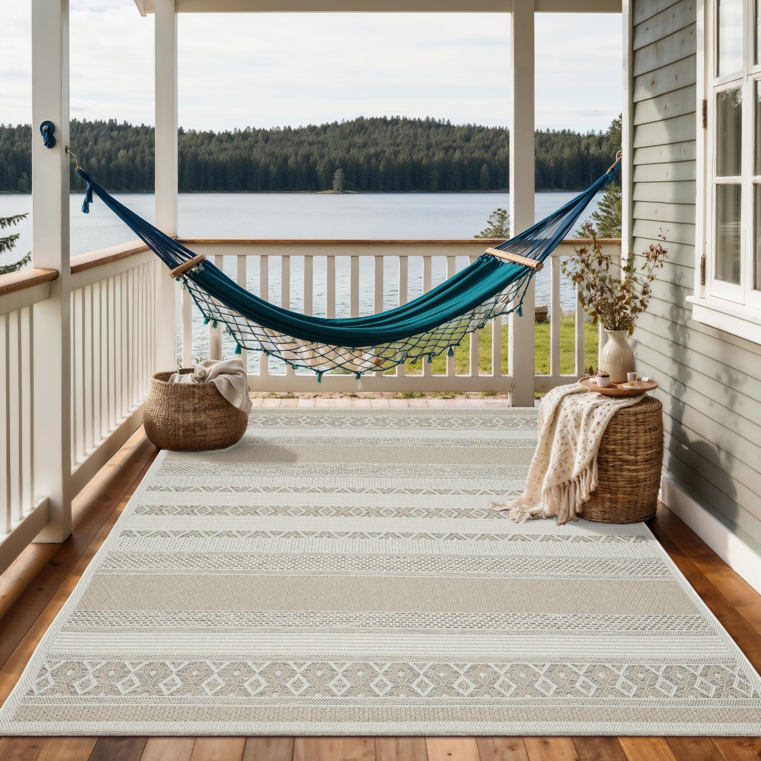 Robuster Outdoor Teppich - Vintage-Optik und Boho-Style 🌿 | Beige 140 x 200 cm