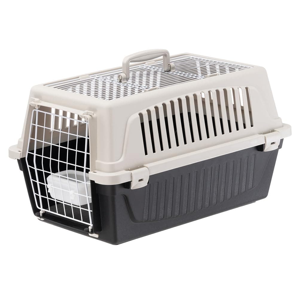 Ferplast Transportbox Katze, Hundetransportbox kleine Hunde und Katzen bis 8 kg, Dach zu öffnen, mit Kissen und Napf, Lüftungsschlitze, 37x58xH 32cm, Transportbehälter Atlas 20 Open 2 Türe L 58 x B 37 x H 32 cm Braun