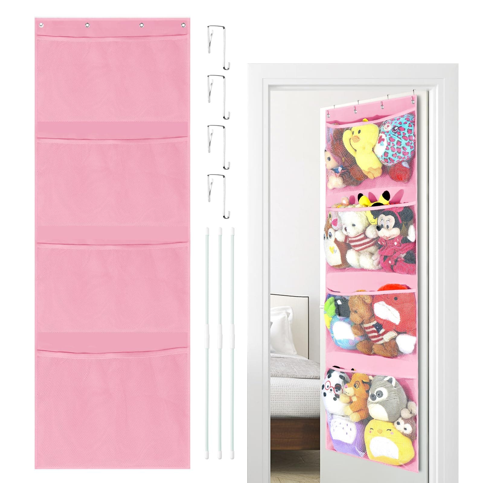 Hängeorganizer Kuscheltier Aufbewahrung über der Tür Hängend Organizer Spielzeug Aufbewahrung Hängeaufbewahrung Stofftiernetz oder Hängematte Organizer zum Aufhängen für Kinderzimmer Schlafzimmer… Large Rosa