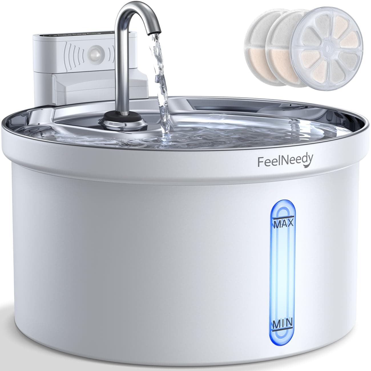 FEELNEEDY 3,5L Katzenbrunnen Edelstahl Kabellos mit Sensor, Trinkbrunnen für Katze mit Akku 4000mAh Katzen Batteriebetrieben Wasserbrunnen Super Leise mit 3 Filter (Acrylnitril-Butadien-Styrol (ABS)) Brunnen ABS Weiß+3 Filter+1 Schwämme