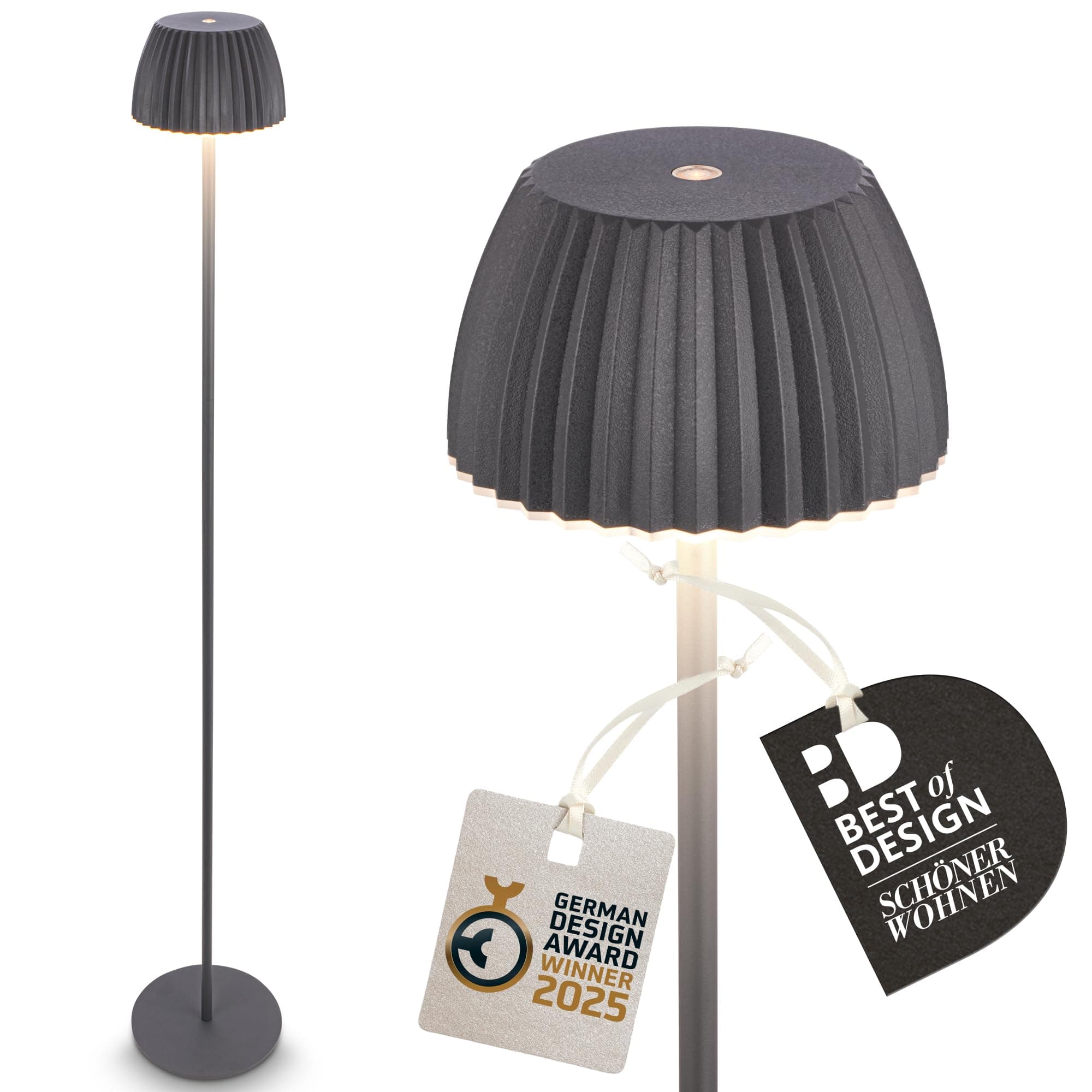 BRILONER - Riffle LED Stehlampe kabellos IP44 mit Touch, dimmbar, Memoryfunktion, Akku tauschbar, Akku Stehleuchte, Leselampe, Wohnzimmerlampe, German Design Award Winner 2025, 19x124 cm, Anthrazit Stehlampe Anthrazit 124 cm