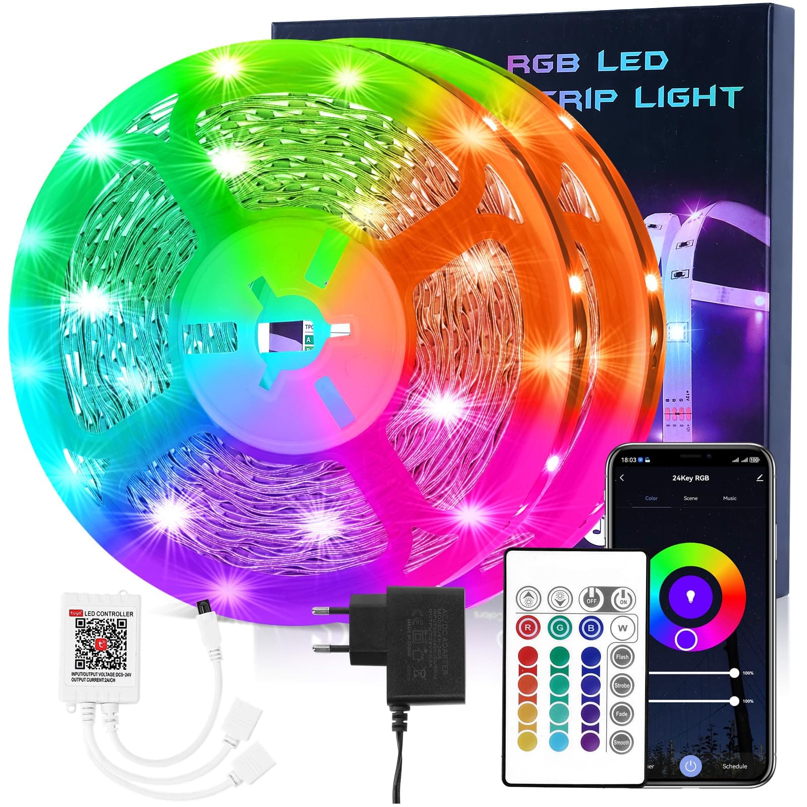 HOVVIDA LED Strip 20M WiFi, Kompatibel mit Alexa und Google Home, 30 LEDs/Meter, 24V RGB LED Streifen, 600 LEDs, APP und Fernbedienung, Musikmodus, LED für Zimmer, Küche, Schlafzimmer, Bar, Party 20M WIFI Rgb