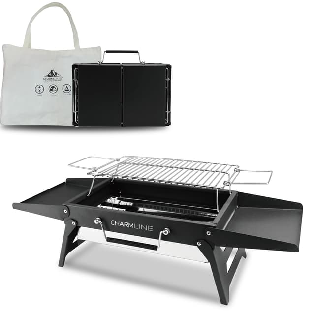 Charmline 34x23cm Foldable Portable Holzkohlegrill, Kleiner Campinggrill Holzkohle, Picknickgrill Grill, BBQ Grill für Outdoor, Geeignet für Gärten, Strände, Rasenflächen und Tischplatten, Schwarz 35x23 Schwarz