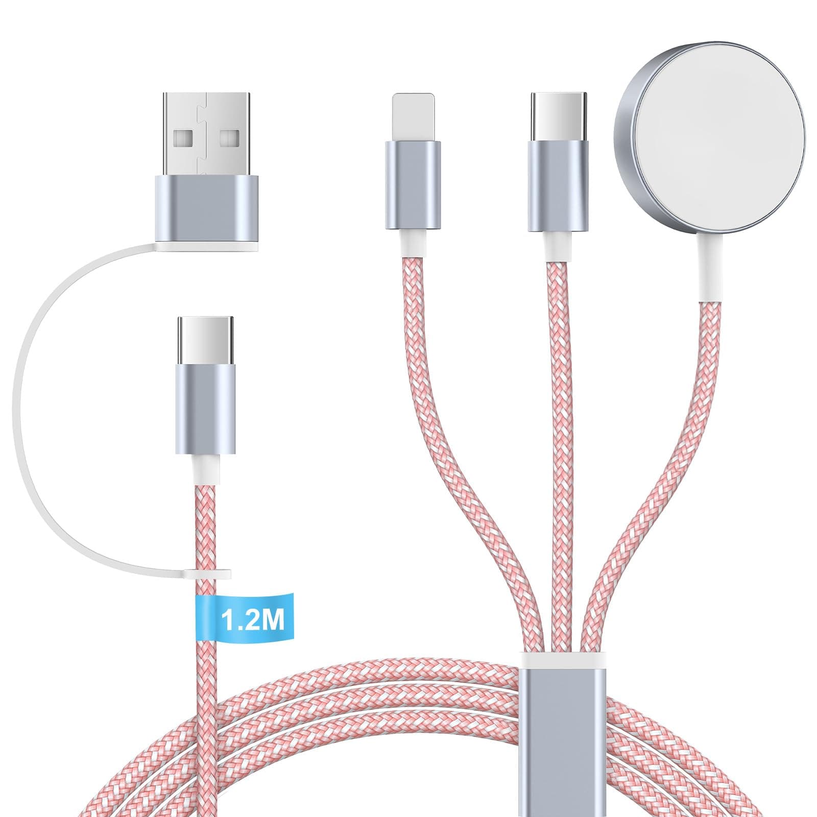 Ladekabel für Apple Watch und iphone Ladegerät - 3 in 2 Charging Kabel Ladestation für iWatch Serien, 120cm USB C SchnellLadekabel für iPhone 15/14/13/12/11/iPad/AirPods, (Rosa)