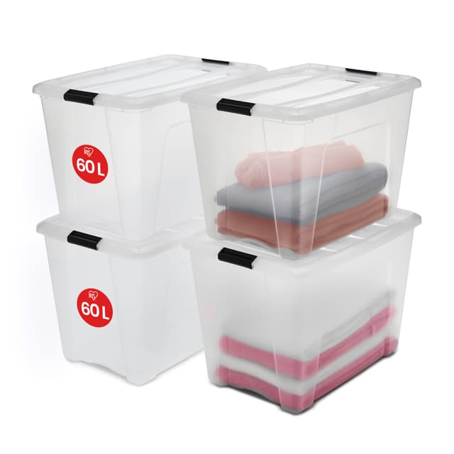 Iris Ohyama Aufbewahrungsboxen mit Deckel, 60L, 4er-Set, Transparent, Sicherer Verschluss, Stapelbar, Griffe, für Schlafzimmer, Schrank, Organisation, BPA-freies Plastik, Ordnungsboxen, NTB-60 60L x4
