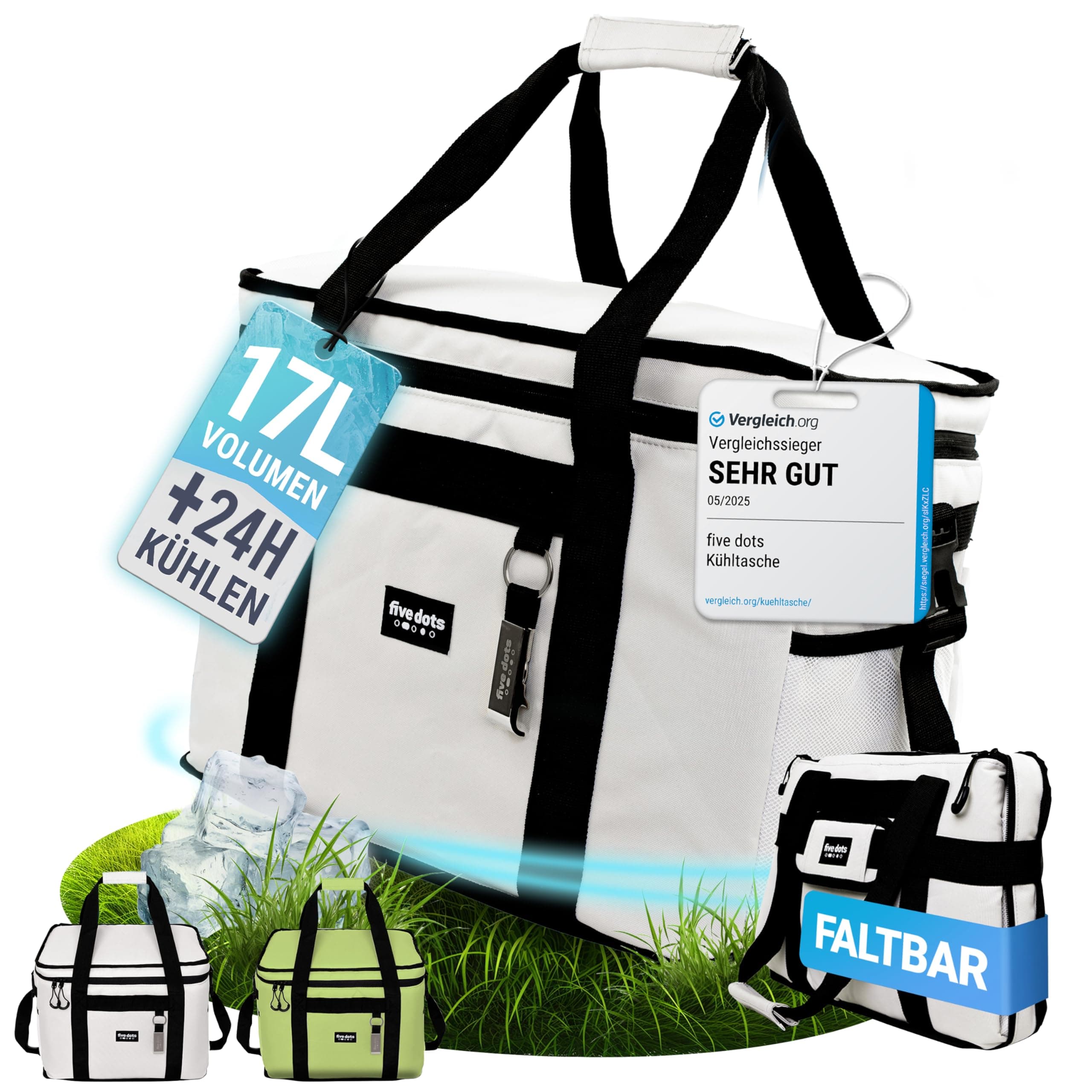 five dots Kühltasche faltbar 20l +24h Kühlung zum Einkaufen ideal für Auto & Arbeit - Isoliertasche Thermotasche Lunchbag & Picknicktasche - Kühltasche groß - Lunchtasche Herren - Lunch Bag Grau - 17l