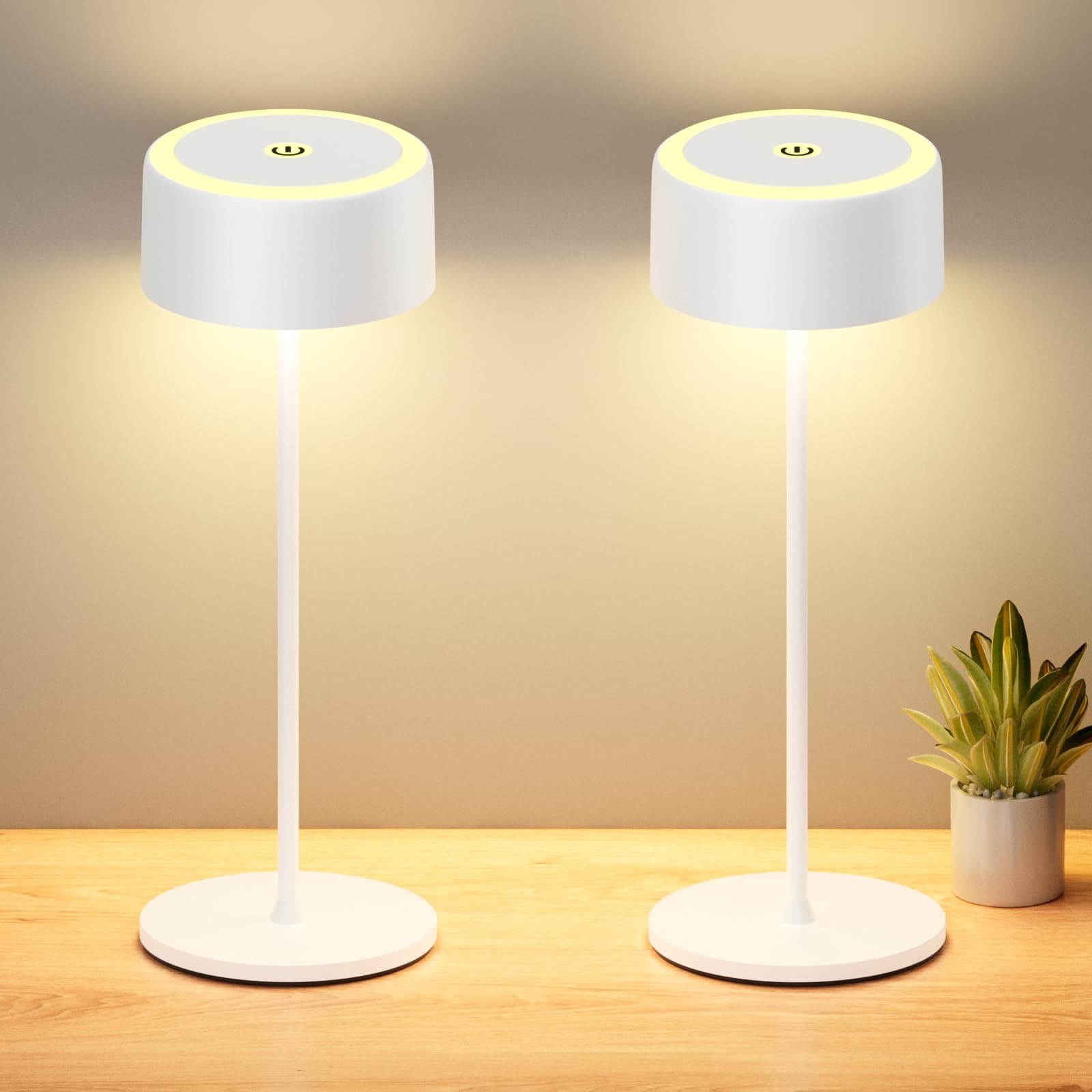 TYEE 2 Stück Tischlampe Kabellose LED Dimmbare Akku Tischleuchte, Wiederaufladbar Warme Lichtfarbe 2200-3000K Tischleuchte Für Innen und Aussen mit USB-C, Aluminium Tischlampe IP54 Wasserdichte (Weiß) Weiß 2 Stück