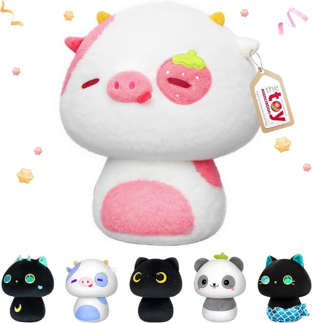 Mewaii 36CM Kawaii Kuscheltier für Kinder Erdbeerkuh Pilzförmiges Plüschtier Stofftiere Weiches Kuscheltier Wurfkissen Plüsch Kissen Ausgestopftes Spielzeug Stofftiere Geschenk über 3 Jahren Erdbeeren und Kühe 36 CM