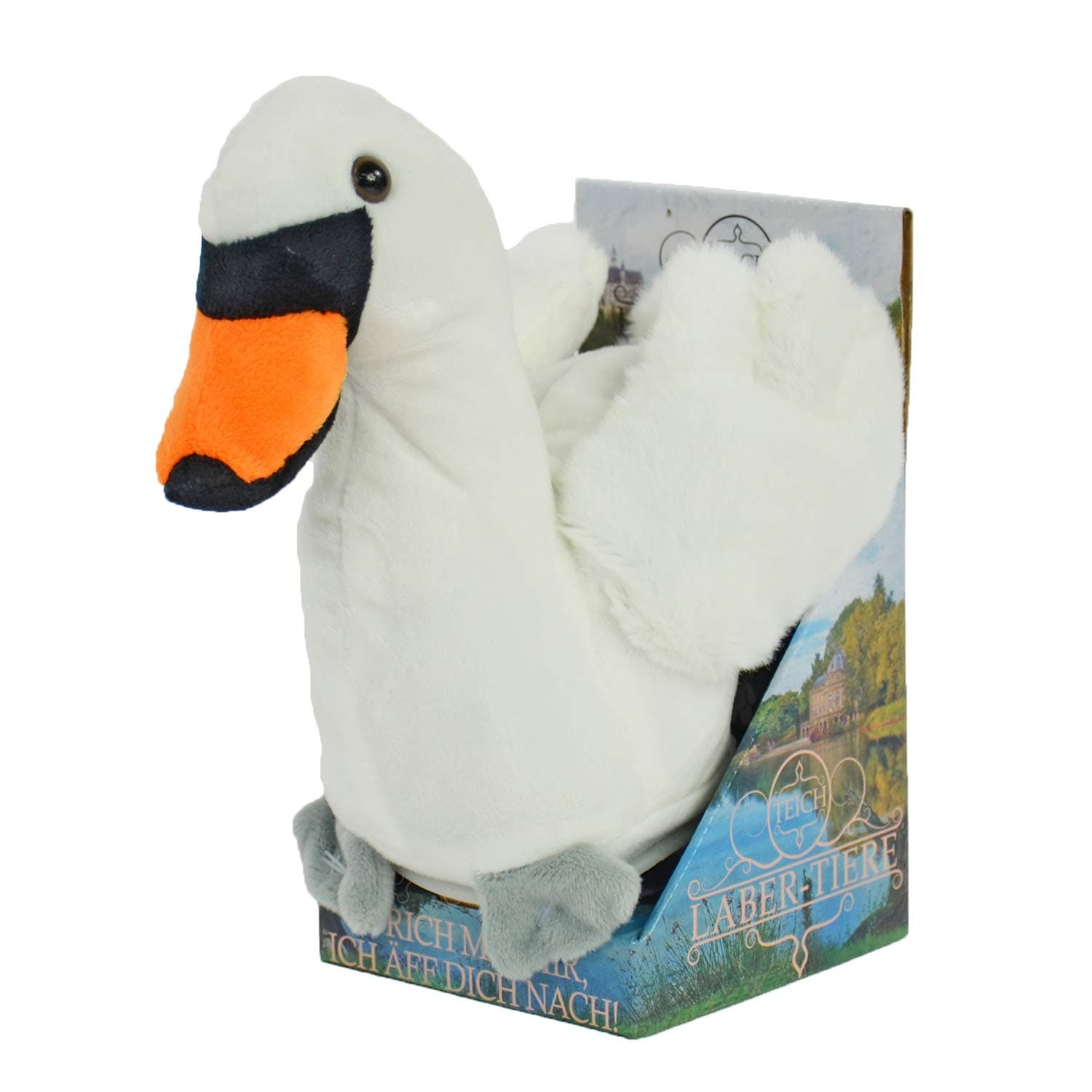 Kögler 75920 - Labertier Schwan Elizabeth, ca. 19 cm groß, nachsprechendes Plüschtier mit Wiedergabefunktion, plappert alles witzig nach und bewegt sich, batteriebetrieben, Weiß