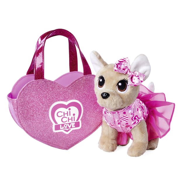 Simba Chi Chi Love is in The Air, Chihuahua Plüschhund mit süßen herzlichen Kleid und Schleife, in Glitzerherztasche, 20cm, ab 3 Jahre