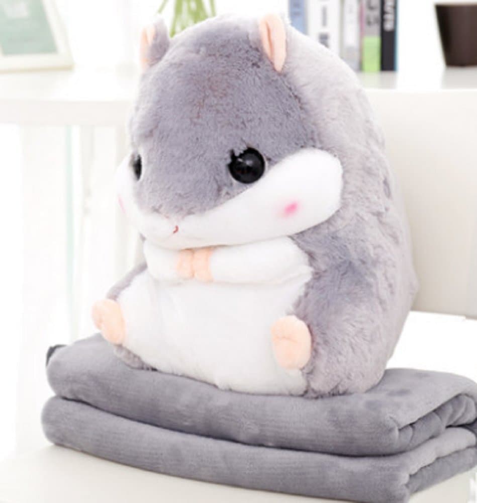 YunNasi 2 in 1 Hamster Kuscheltier Plüschtier Hamster Kissen mit Kuscheldecke Super Süßes Geschenk für Kinder und Freundin (Grau)