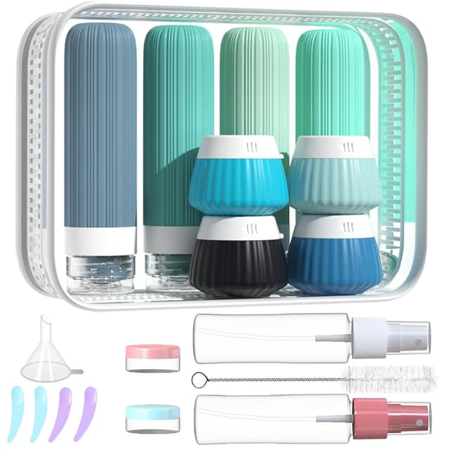 NuvaConx Reiseflaschen Zum Befüllen, 18 StüCk Silikon Reiseflaschen Set, Reiseset Flüssigkeiten Set mit TSA Genehmigt, Travel Essentials Nachfüllbare Reisegröße Flaschen, Reise Gadgets Blau