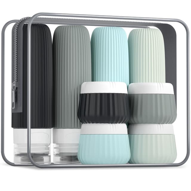 Gemice Silikon Reiseflaschen 8 Pack, Tsa genehmigt Reise Größe Toilettenartikel 3 oz, Reise-Behälter für Toilettenartikel, mit Clear Bag, Leak Proof Silikon Squeezable Travel Essentials Cremes Jars Schwarz Grau