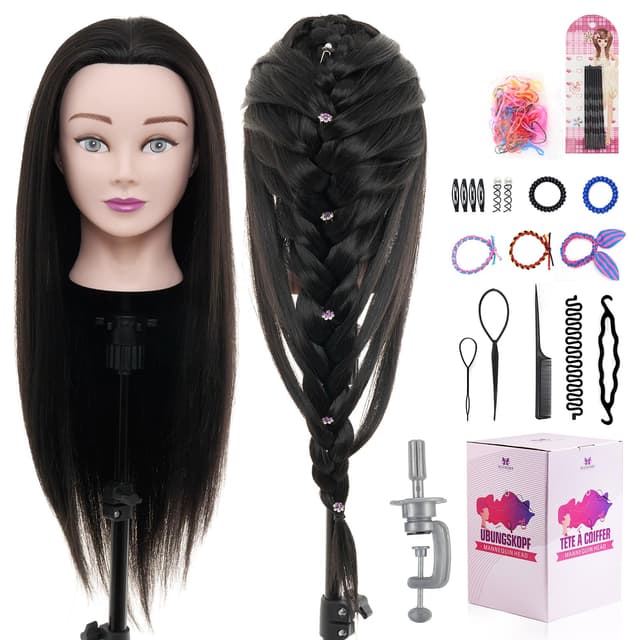 Neverland Frisierkopf 50% Echthaar Übungskopf 24 Zoll Trainingsköpfe für Friseure Ausbildung Kopf Mit Halter + DIY Haare Set schwarz