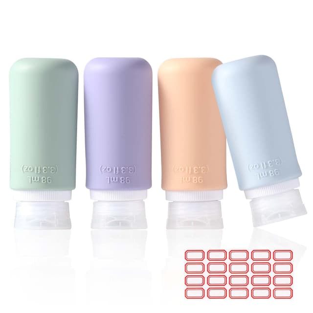 Diboniur 4 Stück Reiseflaschen Zum Befüllen, Silikon Reiseflaschen, Reiseset Flüssigkeiten Set für Shampoo, Creme, Lotion, Reise Gadgets (98 ml) 98ml