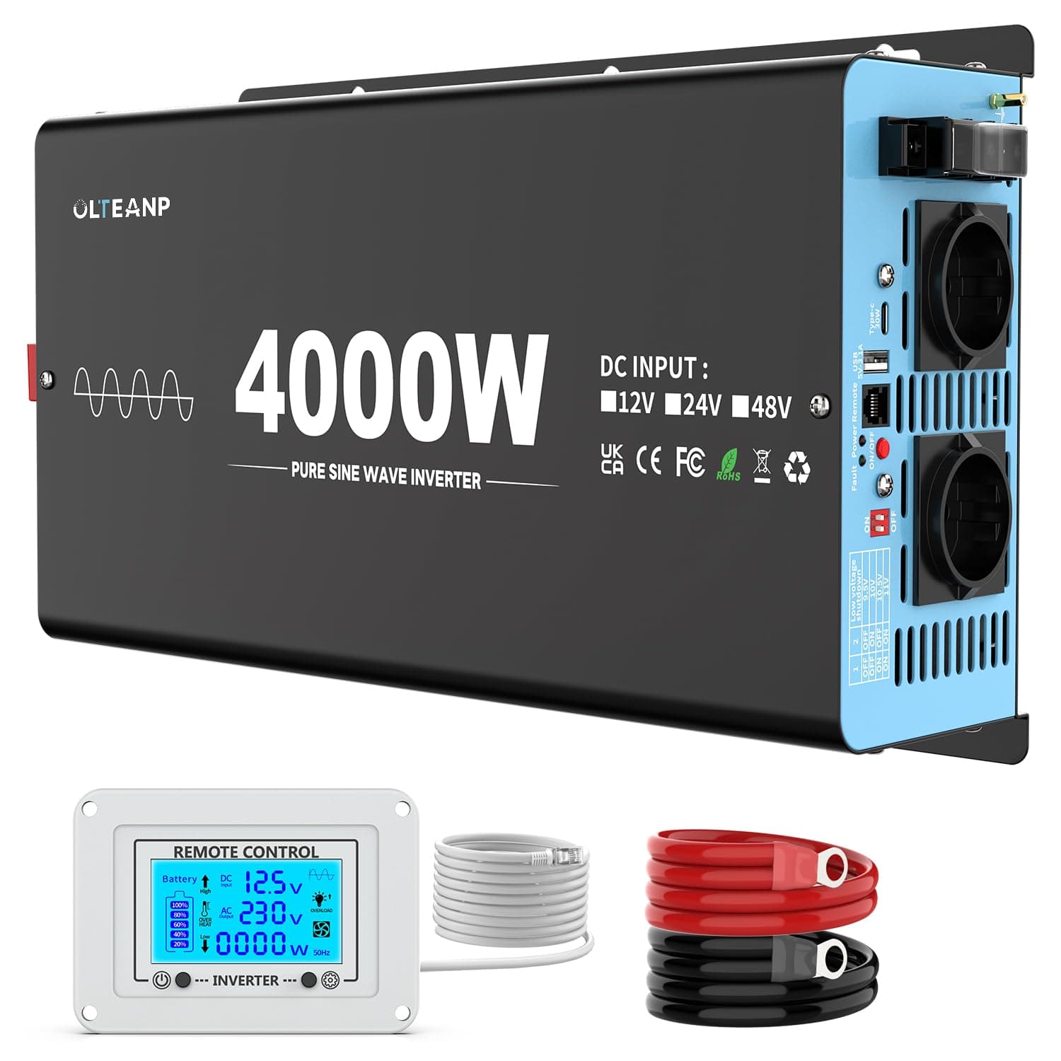 OLTEANP 4000W Wechselrichter Reiner Sinus 12V auf 230V KFZ Spannungswandler mit LCD-Bildschirm-Fernbedienung, 2 AC Steckdosen,USB & Type-C Port Solar Power Inverter für Wohnwagen, Boot, Camping