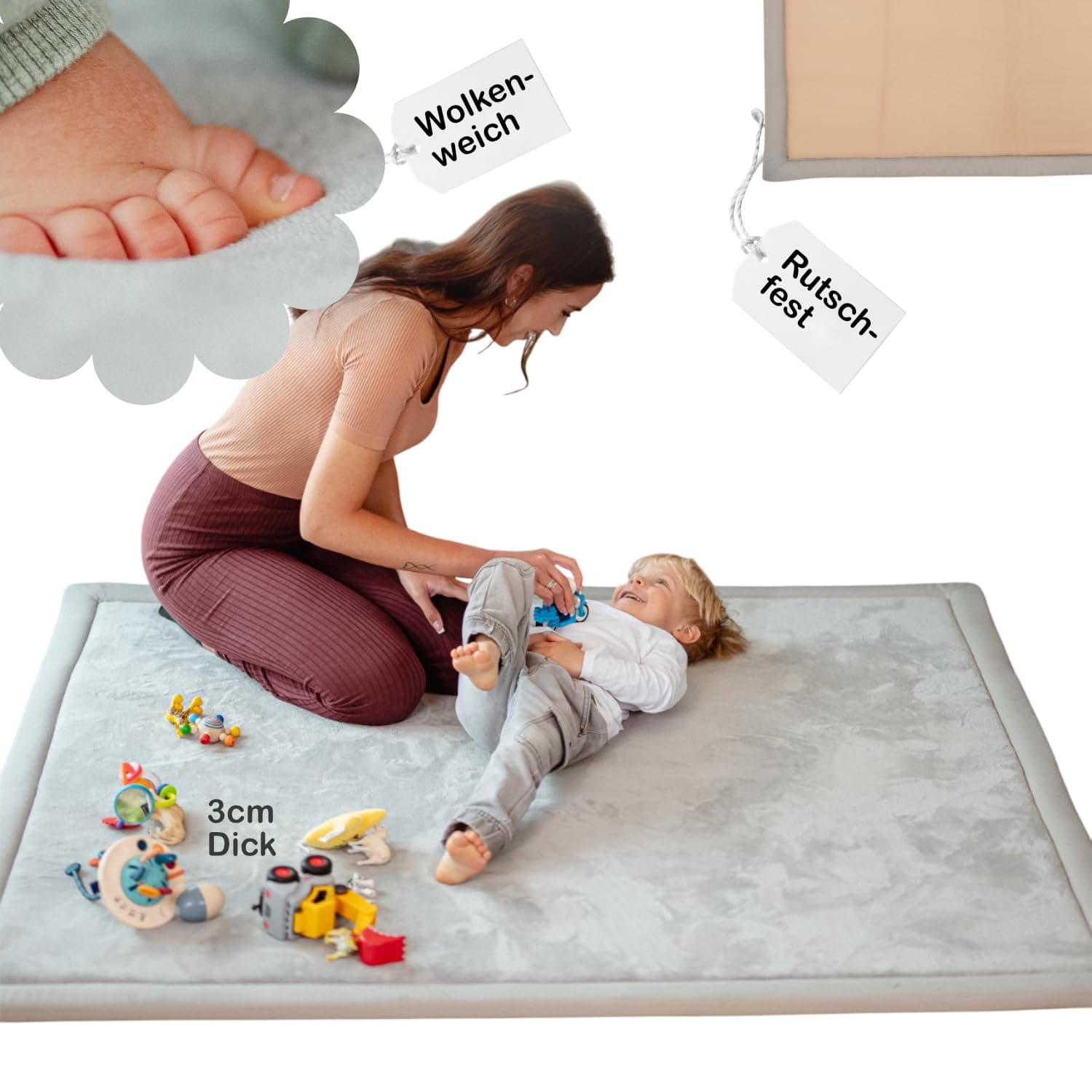 BabybeFun Spielmatte Baby - kuschelig weich - 3cm Dicke Krabbelmatte - Teppich Kinderzimmer 150x150cm - rutschfeste Schaumstoffmatte - Spielteppich Kinder - Krabbeldecke - Kinderteppich warm - Grau Grau 150 x 150 cm (Quadratisch)