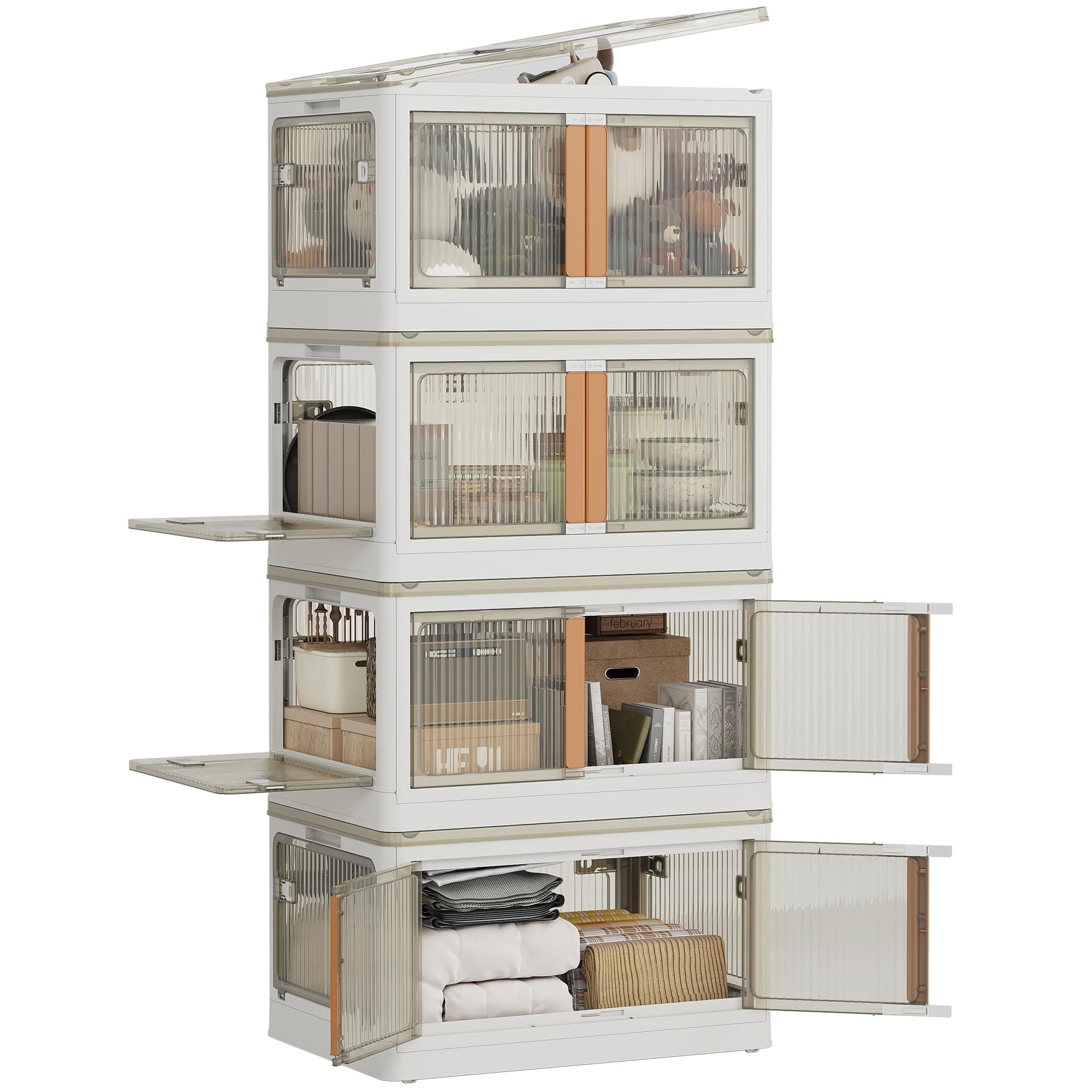 NETEL Aufbewahrungsbox mit Deckel, 72L 4 Stück Boxen Aufbewahrung, Stapelboxen, Plastikbox mit Deckel, Faltbare Aufbewahrungsboxen mit Tür und Rollen, 5 Seiten sind zu öffnen, Transparent und Stabil. 4x 72L