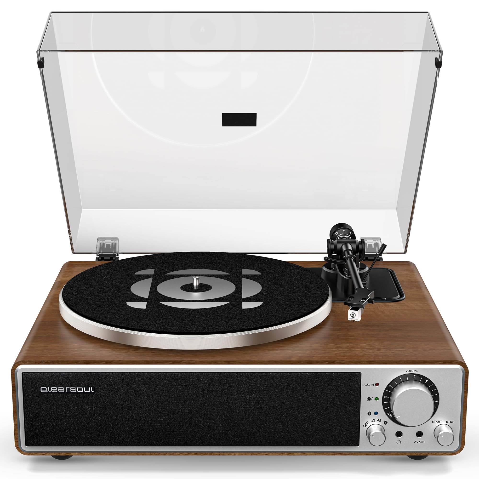 Qlearsoul ONE-Q Schallplattenspieler, All-in-One HiFi-Plattenspieler mit eingebauten Lautsprechern, Bluetooth 5.4, Phono-Vorverstärker, Magnetkartusche AT-3600L, 33/45 U/min, Zwei Geschwindigkeiten Nussbaum