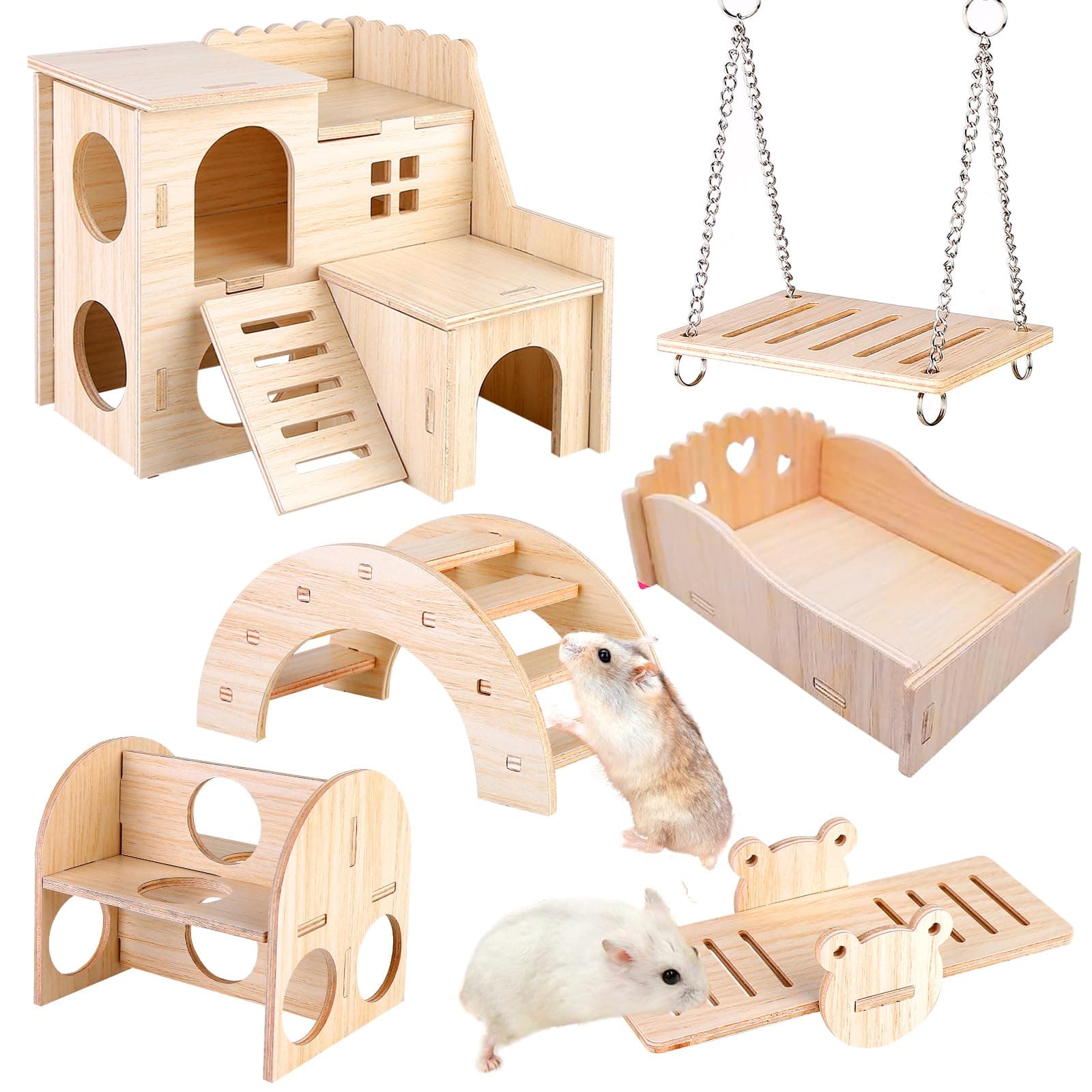 Holz Spielzeug Für Hamster, 6 Stück Kauspielzeug, DIY Haus Brücke Wippe Schaukel Käfig Dekor Zubehör Für Rennmaus, Meerschweinchen, Chinchilla, Kaninchen, Vögel