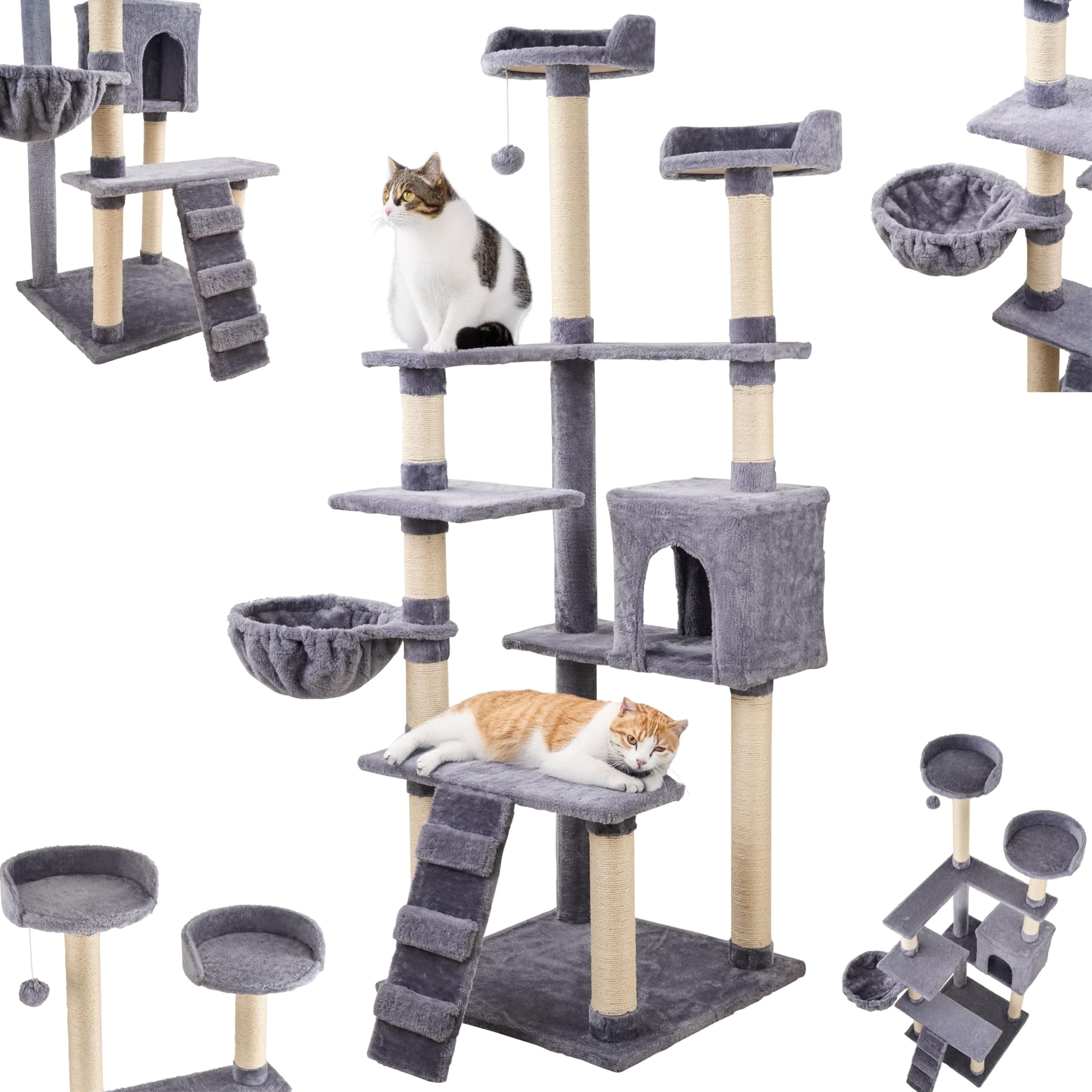Ecosa® XXL Katzen Kratzbaum groß 170cm Katzenbaum Kletterturm Kletterbaum für Grosse Katzen stabil mit Mehreren Plattformen Katzenhöhle Hängematte Aktivitätskratzbäum mehrstöckiger Katzenkratzbaum