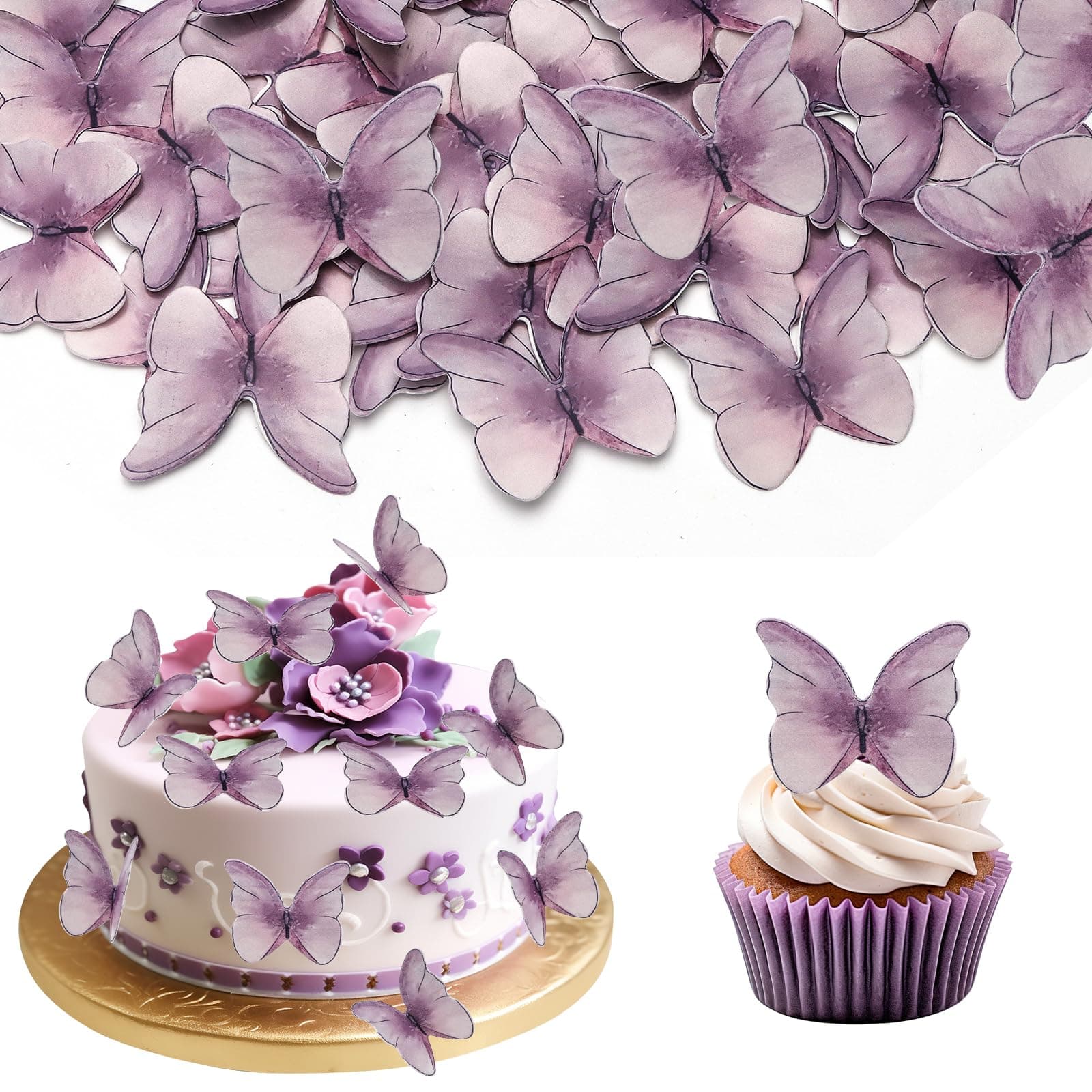 48 Stück Essbare Schmetterling Cupcake Topper - Farbverlauf Violett Butterfly Kuchen Topper für Hochzeit Baby Dusche Geburtstag Kuchen Dekorationen (Farbverlauf Violett)