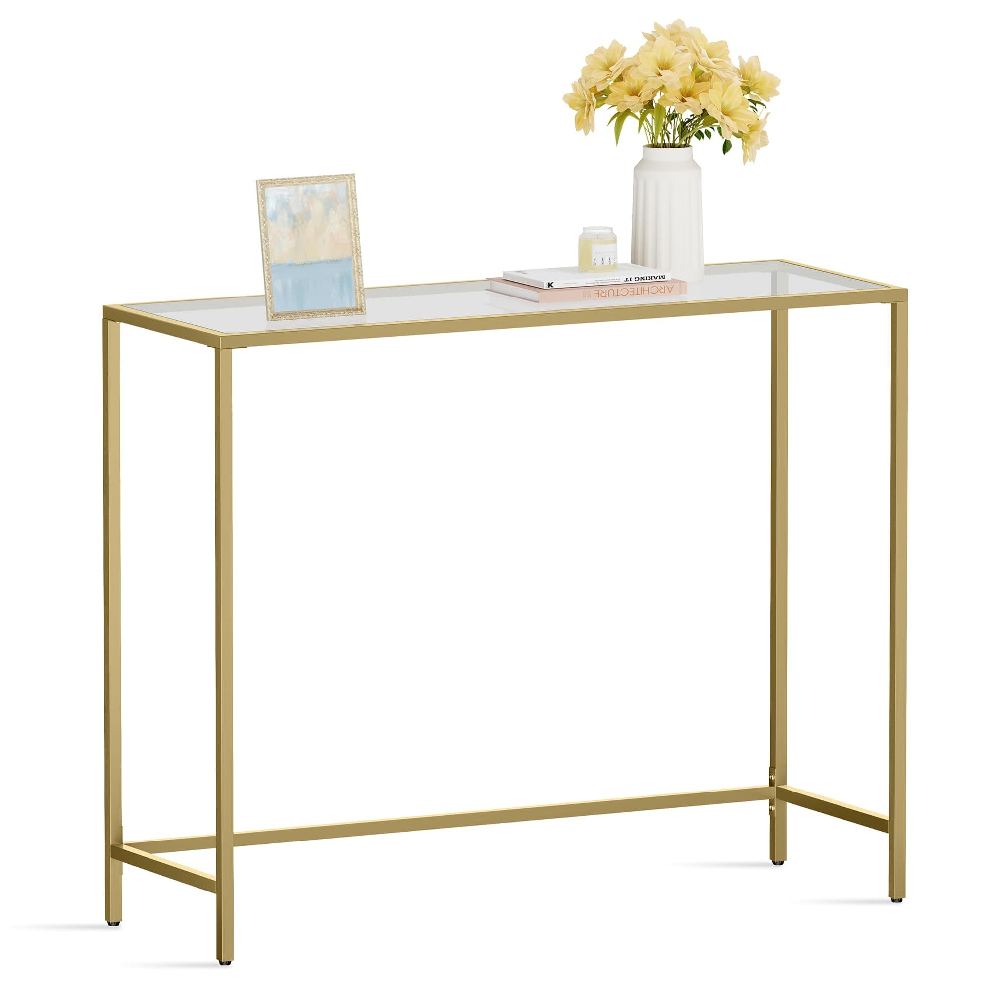 VASAGLE Konsolentisch, Beistelltisch, Oberfläche aus Hartglas, moderner Sofatisch, einfacher Aufbau, verstellbare Füße, Wohnzimmer, Flur, helles Gold-transparent LGT26G Gold + Transparent 1 Ebenen(35T x 100B cm)