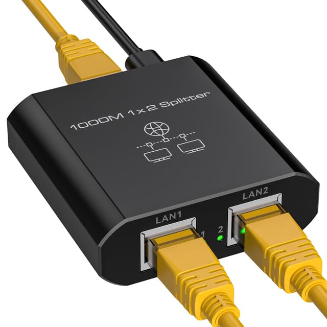VEDINDUST LAN Splitter 1 Auf 2 1000Mbps Ethernet LAN Switch 2Port Netzwerk WLAN Verteiler mit USB-C-Netzkabel für Computer, Hubs, Router, Set-Top-Boxen, Digital-TVs Und Mehr
