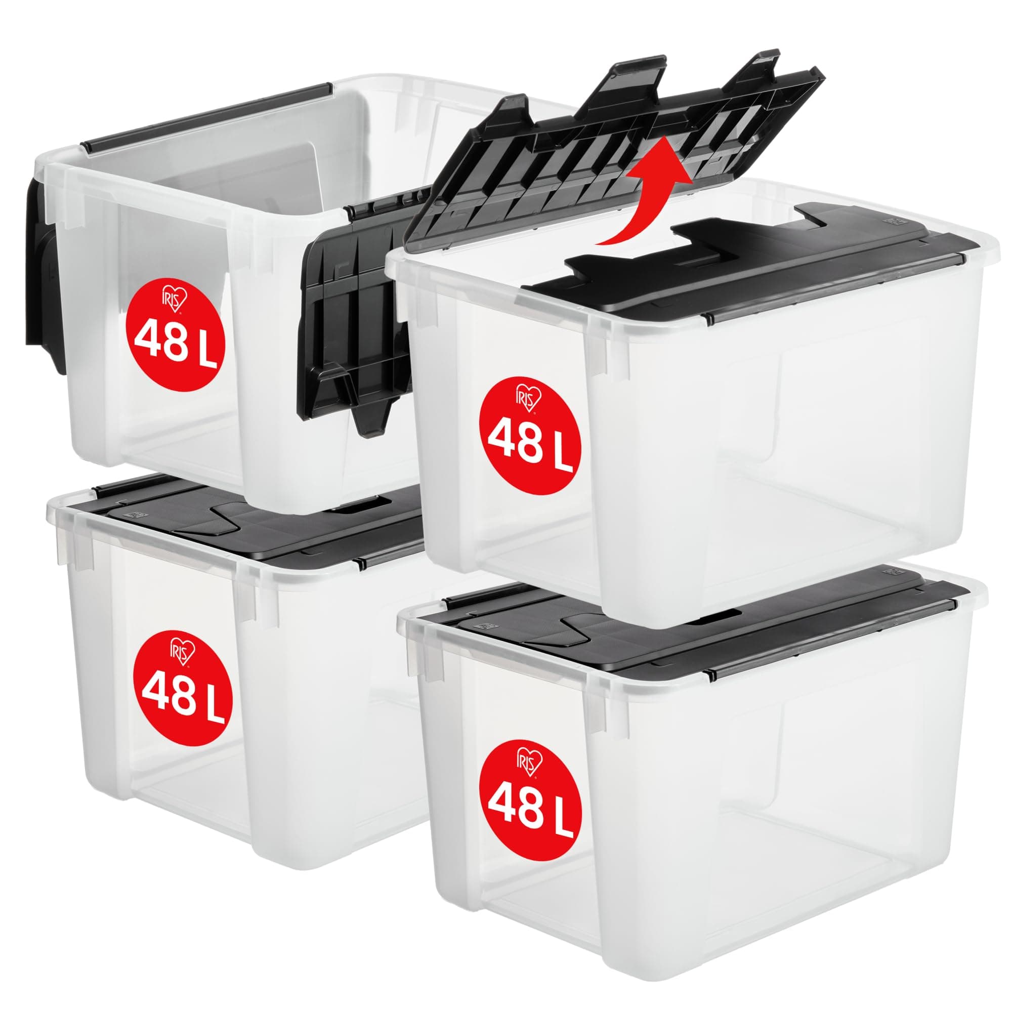 Iris Ohyama, Kunststoff-Aufbewahrungsbox mit Flügeldeckel, 48L, 4er-Set, Transparent, BPA-frei mit Griffen, Stapelbar und nestbar, Solide Organisation, Schlafzimmer, Ankleidezimmer, Büro, CWL-48 48L x4