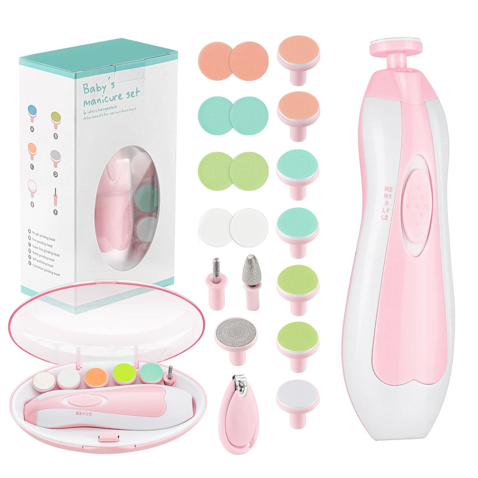 Zooawa Baby Nagelknipser 20 in 1, Elektrischer Baby Nageltrimmer, Nagelfeilen Set mit 12 Ersatzpads, Pflegeset für Neugeborene Säuglinge Kleinkinder Erwachsene, Zehen Fingernägel Pflege, Rosa