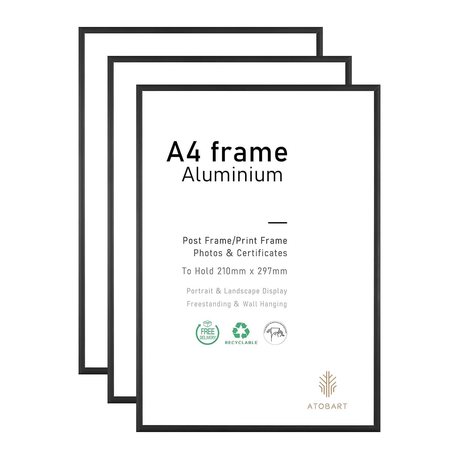 ATOBART A4-Fotorahmen, 3er-Pack-21x30cm schwarzer Bilderrahmen, Zertifikatsrahmen für Wandmontage oder Tischaufsteller, 3er-Set Schwarzes Aluminium A4,Satz von 3