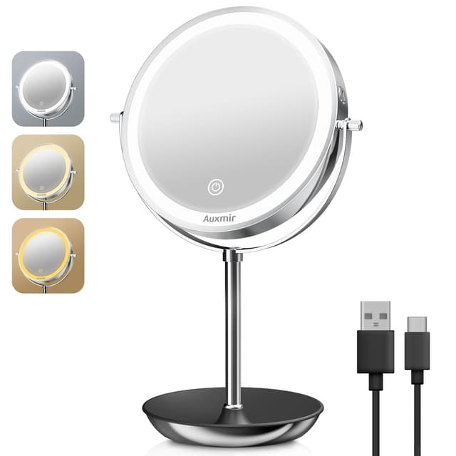 Auxmir Wiederaufladbar Kosmetikspiegel mit LED Beleuchtung und 1X/20X Vergrößerung, 8" Schminkspiegel mit Licht, 3 Lichtfarben Dimmbar und 360° Schwenkbar, Doppelseitiger Spiegel für Zuhause 1X/20X - 1800 mAh