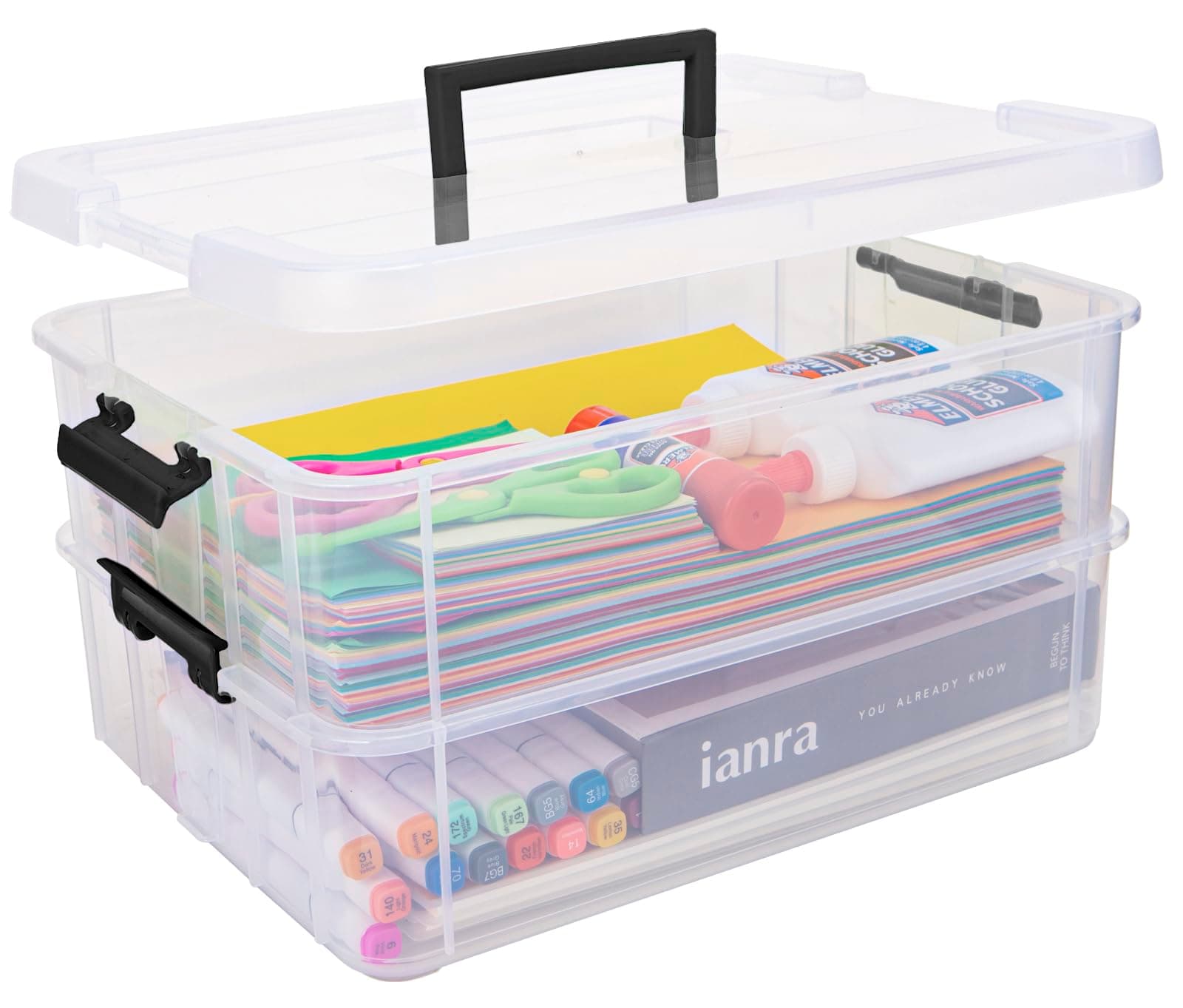 Creahaus 2-lagige Kunststoff-Aufbewahrungsbehälter mit Deckel, Mehrzweck-Aufbewahrungsbox, transparenter Stapel und Tragebox, tragbarer Bastel-Organizer und Aufbewahrungsbehälter für die Organisation Schwarz