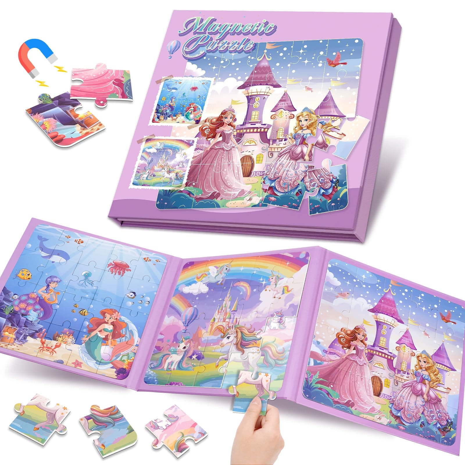 Dikence Magnet Puzzle Spielzeug für Junge Mädchen Kleinkind Geschenk Beschäftigung im Flugzeug Unterwegs Roadtrip Reisespiele - Kreative Geburtstag Geschenke 3-In-1(Einhorn+Prinzessin+Meerjungfrau)