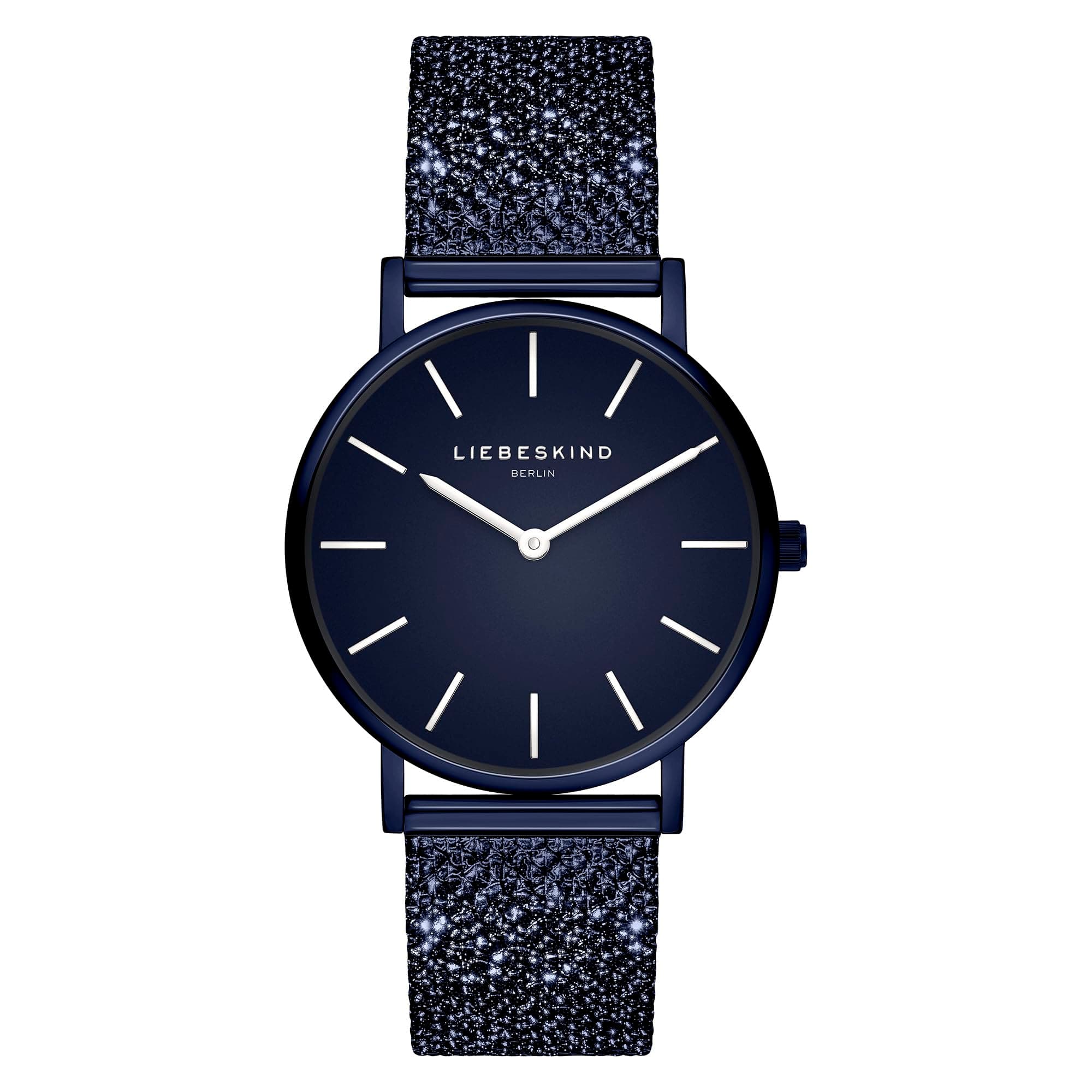 LIEBESKIND BERLIN Damenuhr – Runde Quarzuhr 34mm – Glitter Mesharmband – 5ATM wasserdicht – Modern & elegant – In verschiedenen Farben erhältlich Blau
