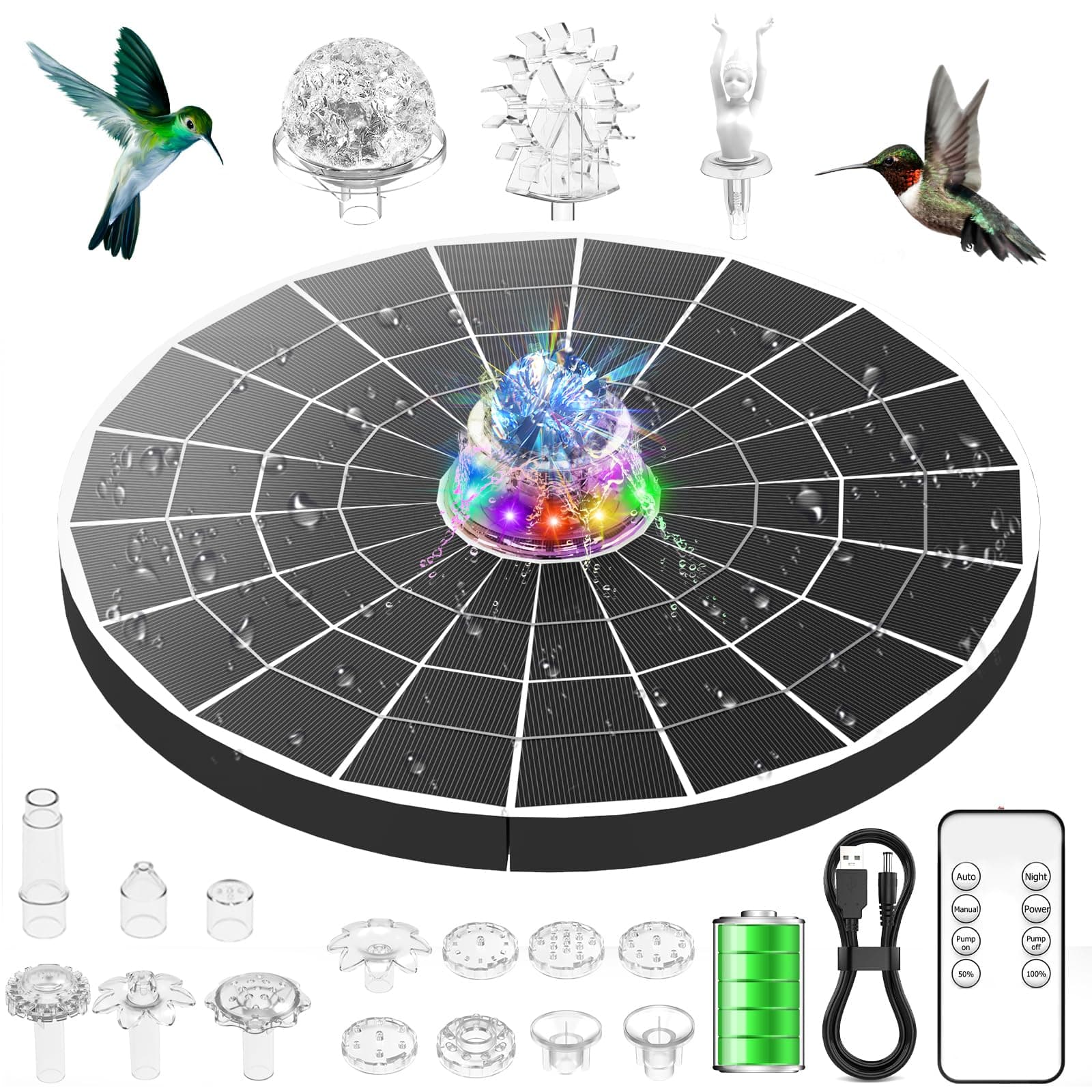 AISITIN 9W LED Solar Springbrunnen für Außen mit Fernbedienung, Solar Schwimmender Fontäne Pumpe mit 6000mAh Akku, Fontänenstile, Solarbrunnen für Draussen mit Kristallkugel für Garten,Teich,Vogelbad